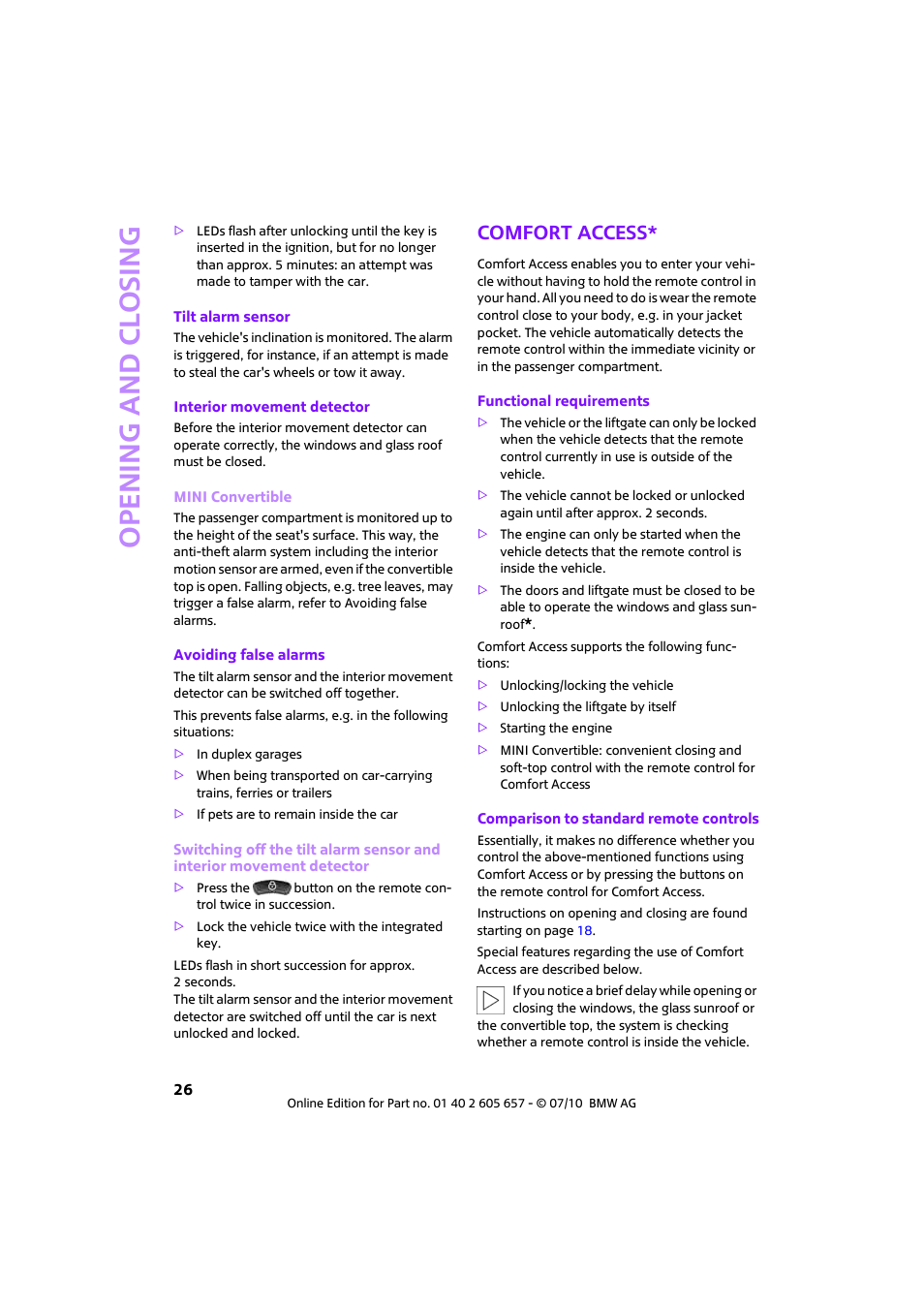 Comfort access, Open ing and closing | Mini 2011 Cooper Convertible User Manual | Page 28 / 186