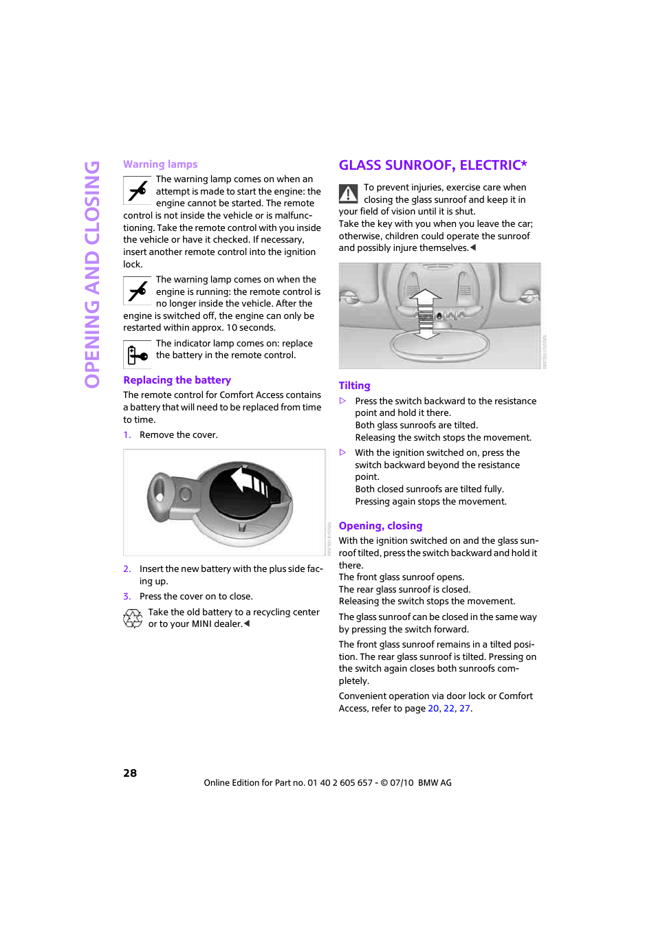 Glass sunroof, electric, Open ing and closing | Mini 2011 Cooper Convertible User Manual | Page 30 / 186