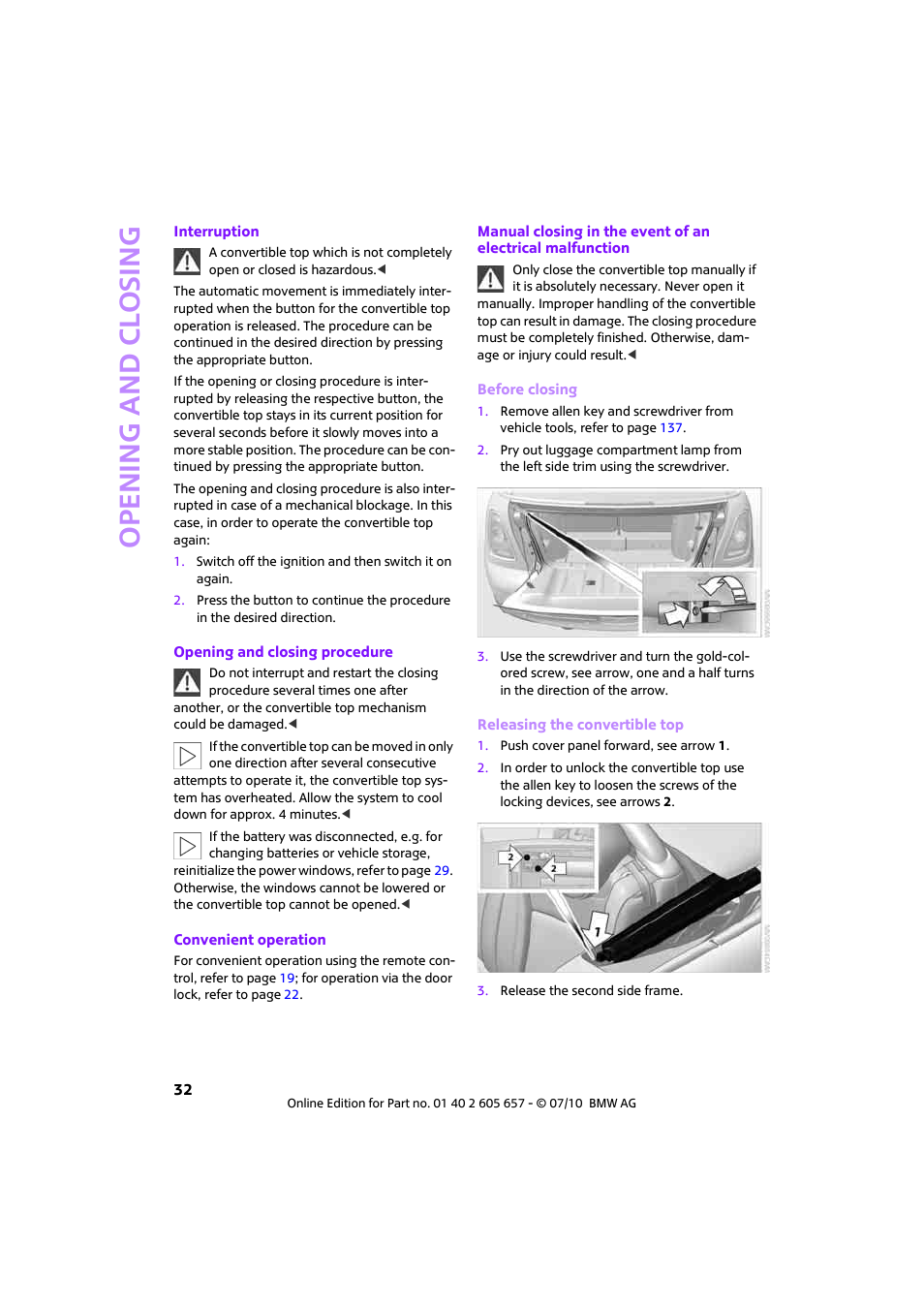 Open ing and closing | Mini 2011 Cooper Convertible User Manual | Page 34 / 186