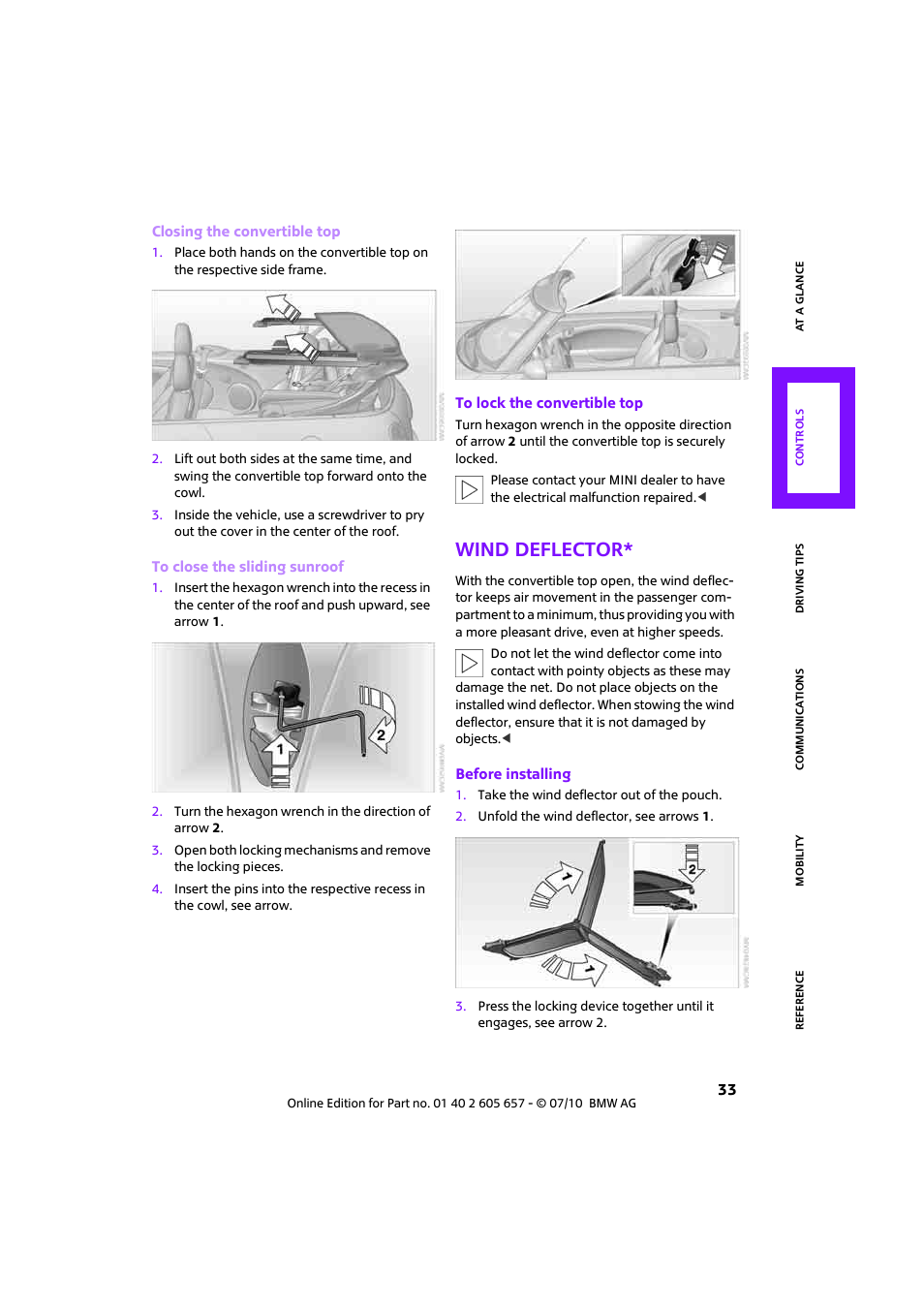 Wind deflector | Mini 2011 Cooper Convertible User Manual | Page 35 / 186