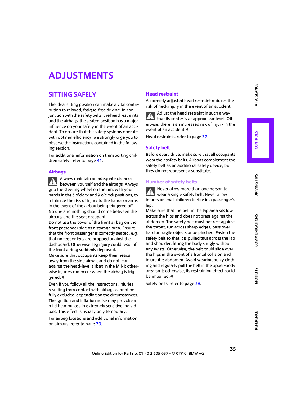 Adjustments, Sitting safely | Mini 2011 Cooper Convertible User Manual | Page 37 / 186