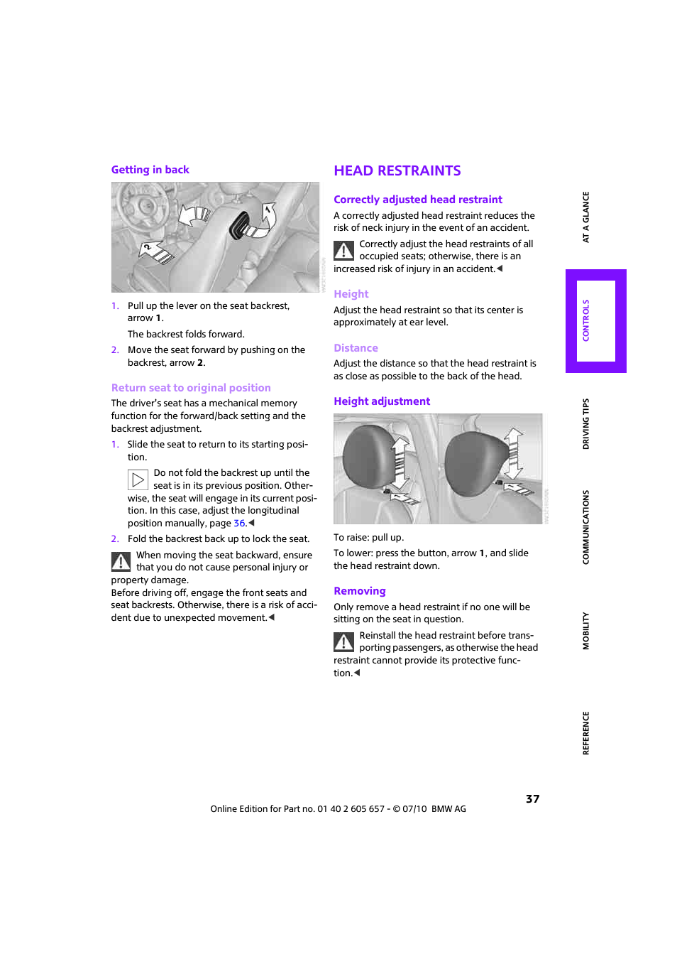 Head restraints | Mini 2011 Cooper Convertible User Manual | Page 39 / 186