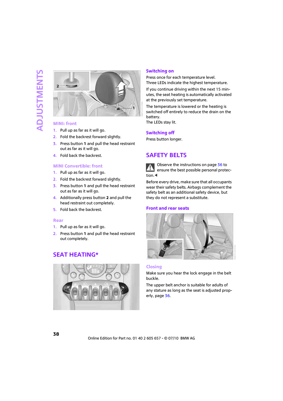 Seat heating, Safety belts, Adjustments | Mini 2011 Cooper Convertible User Manual | Page 40 / 186