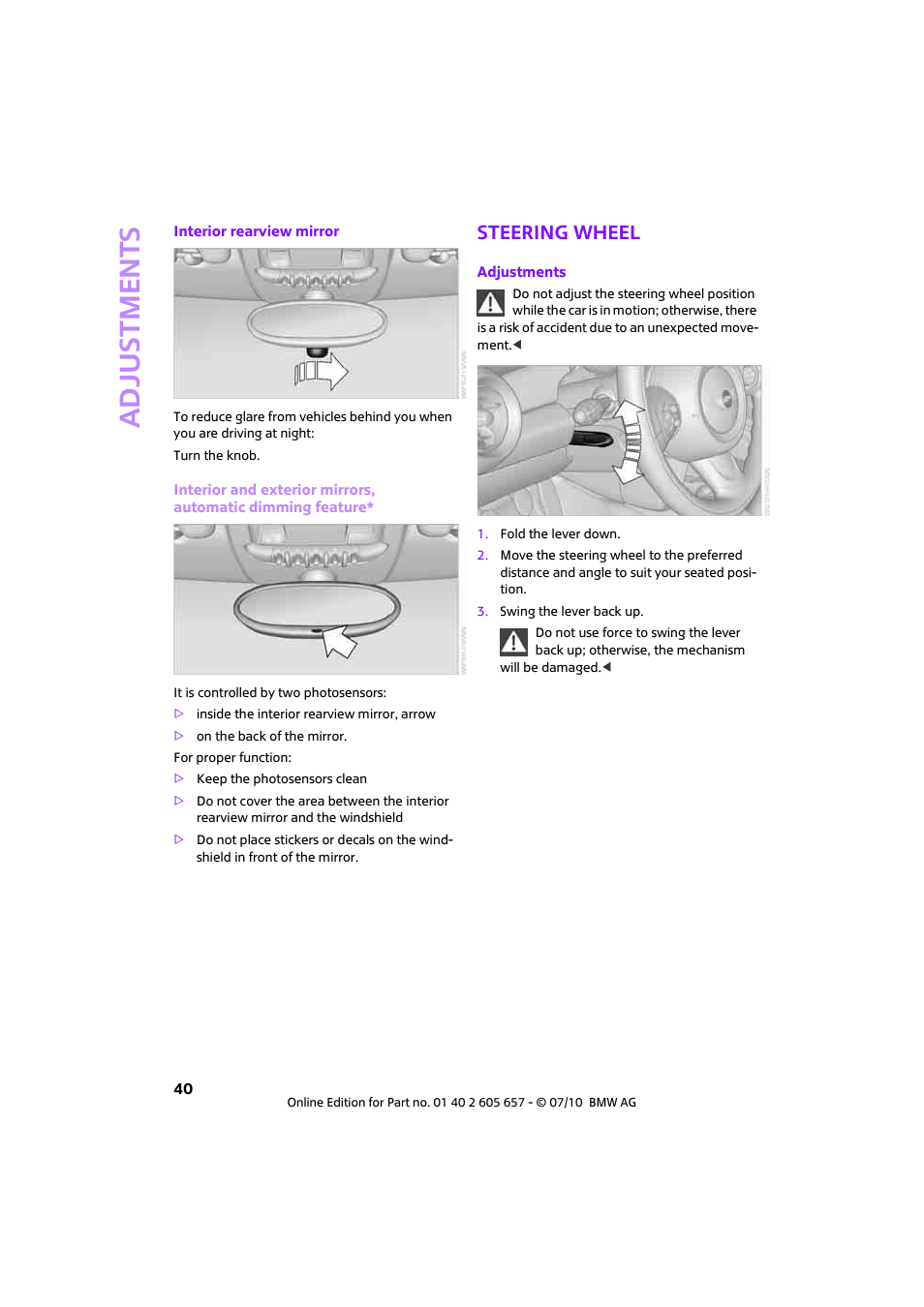 Steering wheel, Adjustments | Mini 2011 Cooper Convertible User Manual | Page 42 / 186