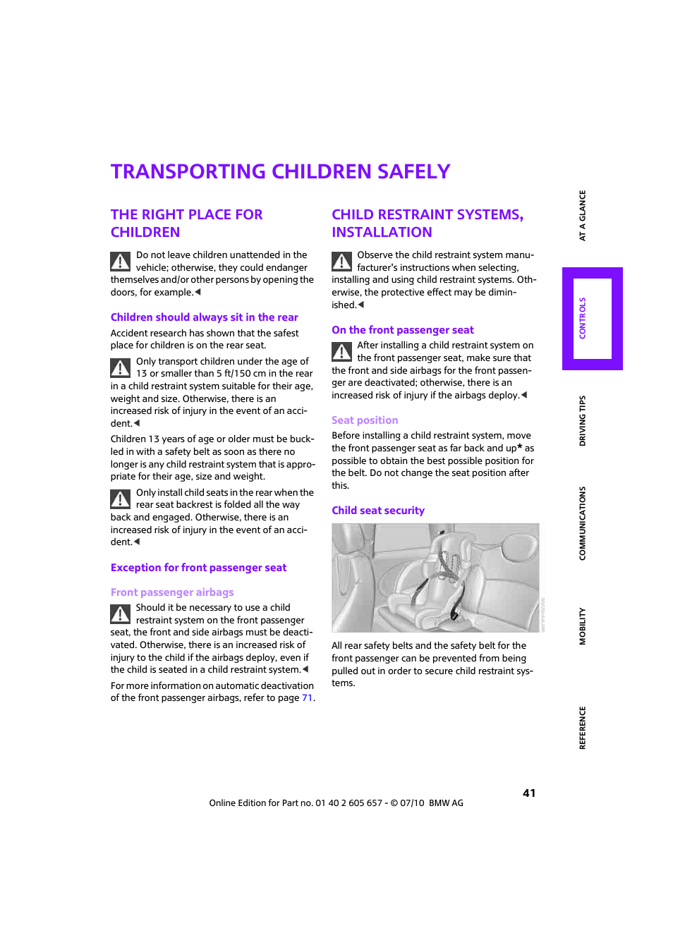 Transporting children safely, The right place for children, Child restraint systems, installation | Mini 2011 Cooper Convertible User Manual | Page 43 / 186