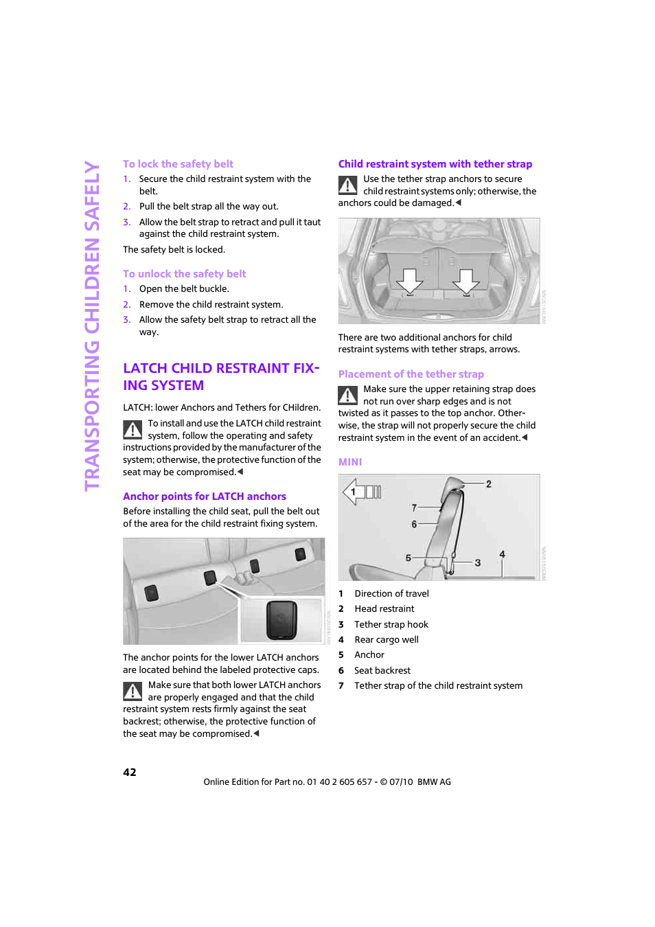 Latch child restraint fix ing system, Latch child restraint fix- ing system | Mini 2011 Cooper Convertible User Manual | Page 44 / 186