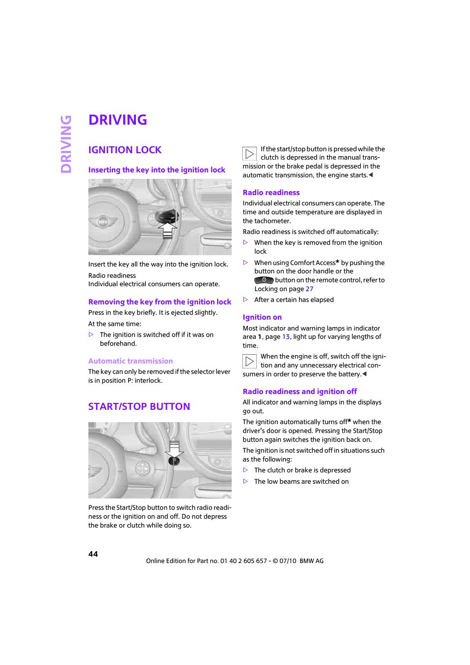 Driving, Ignition lock, Start/stop button | Mini 2011 Cooper Convertible User Manual | Page 46 / 186