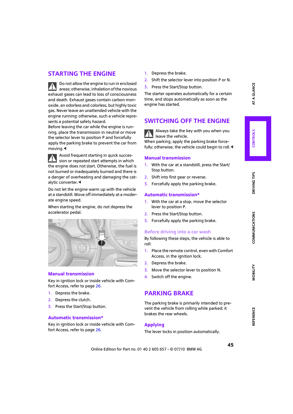 Starting the engine, Switching off the engine, Parking brake | Mini 2011 Cooper Convertible User Manual | Page 47 / 186