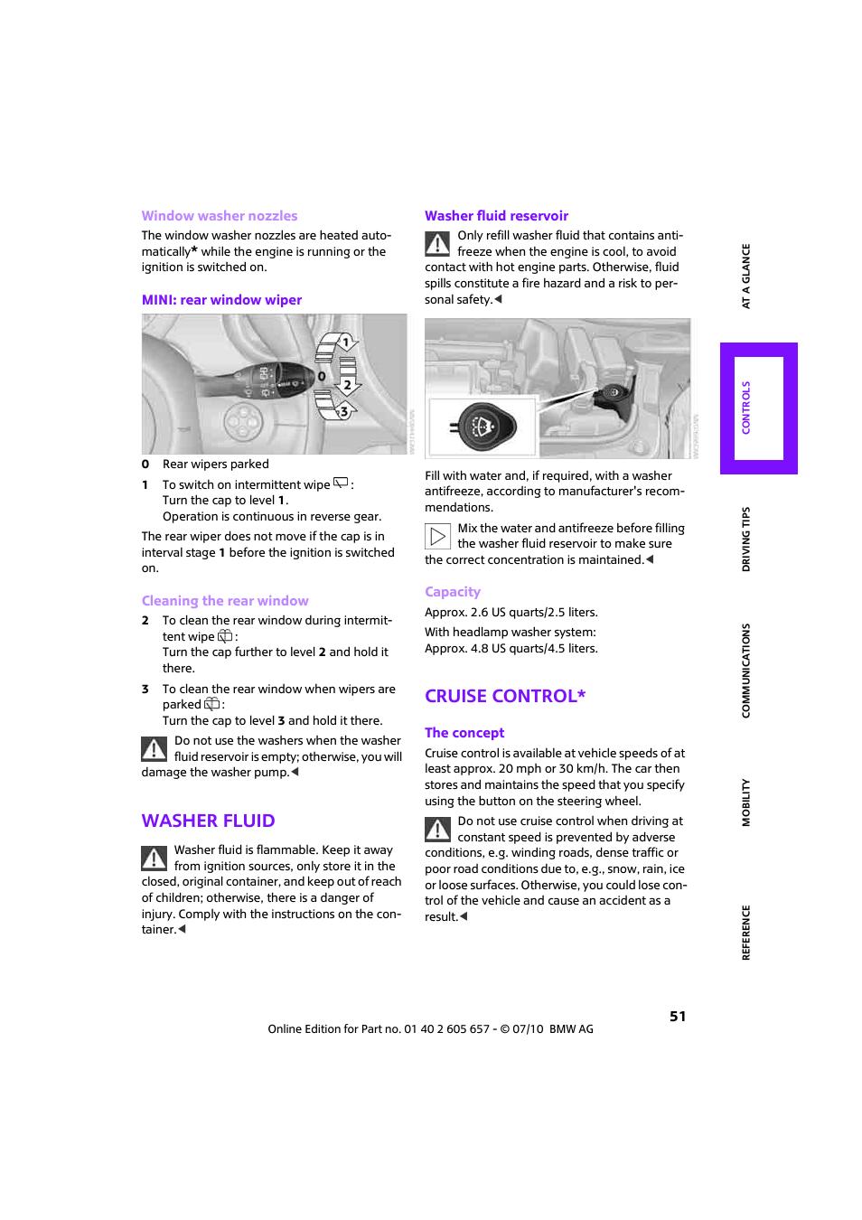 Washer fluid, Cruise control | Mini 2011 Cooper Convertible User Manual | Page 53 / 186