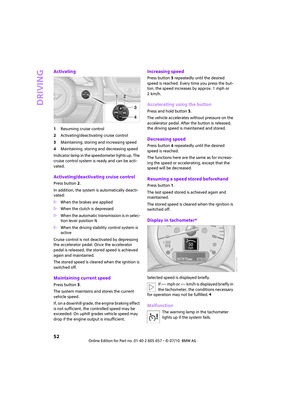 Driving | Mini 2011 Cooper Convertible User Manual | Page 54 / 186