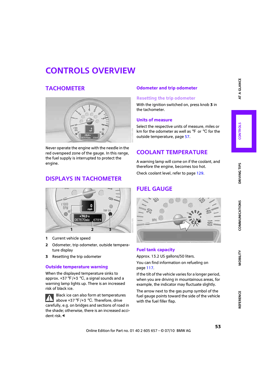 Controls overview, Tachometer, Displays in tachometer | Coolant temperature, Fuel gauge, Eter | Mini 2011 Cooper Convertible User Manual | Page 55 / 186