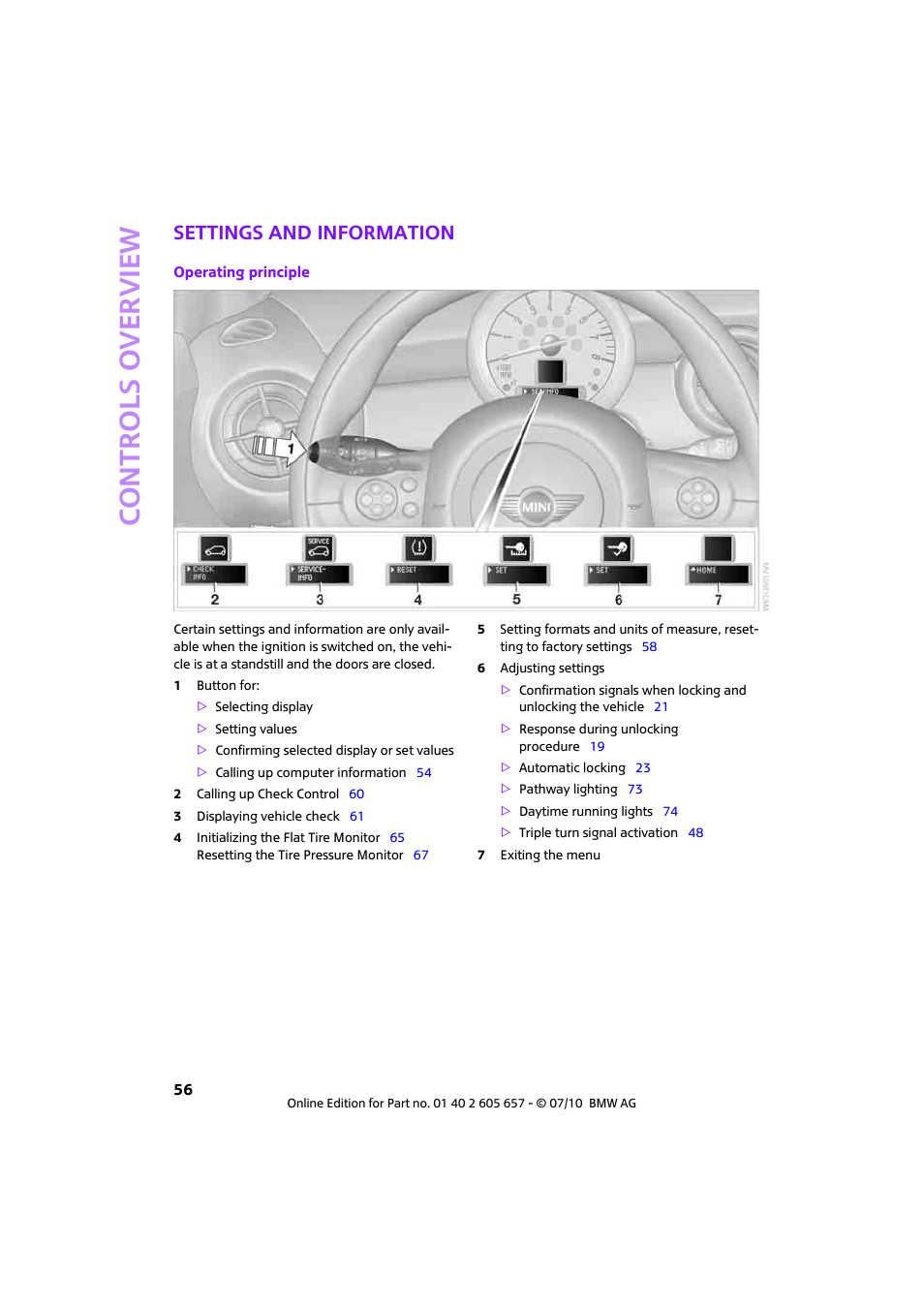 Settings and information, Controls overview | Mini 2011 Cooper Convertible User Manual | Page 58 / 186