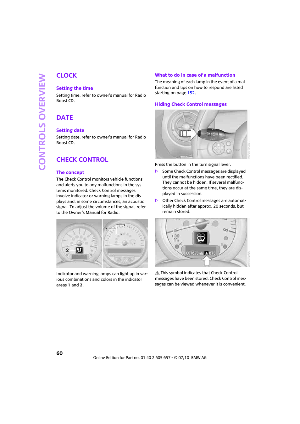 Clock, Date, Check control | Controls overview | Mini 2011 Cooper Convertible User Manual | Page 62 / 186