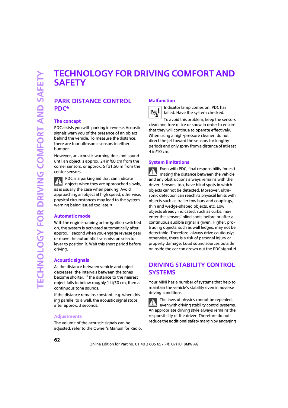 Technology for driving comfort and safety, Park distance control pdc, Driving stability control systems | Mini 2011 Cooper Convertible User Manual | Page 64 / 186