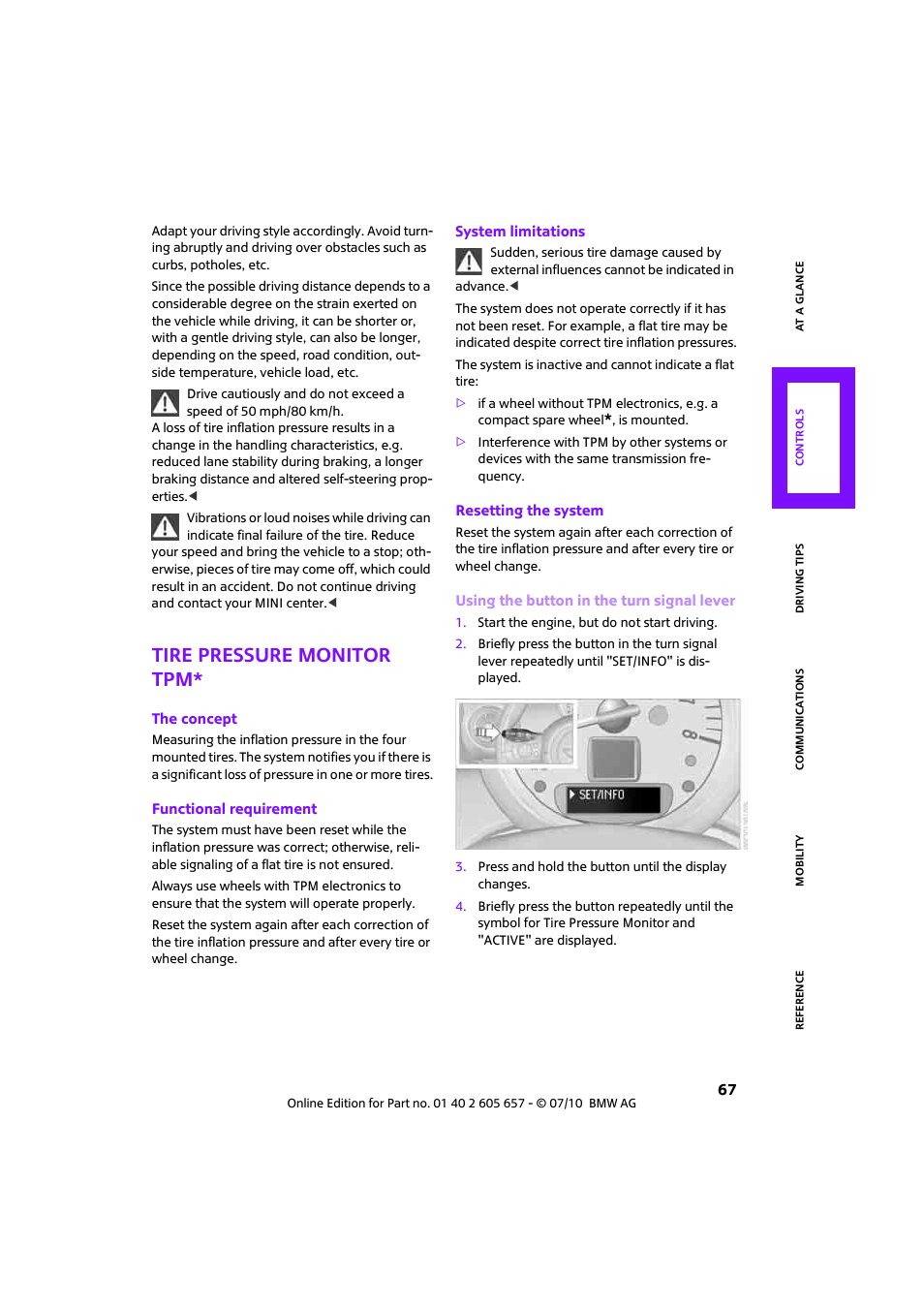 Tire pressure monitor tpm | Mini 2011 Cooper Convertible User Manual | Page 69 / 186