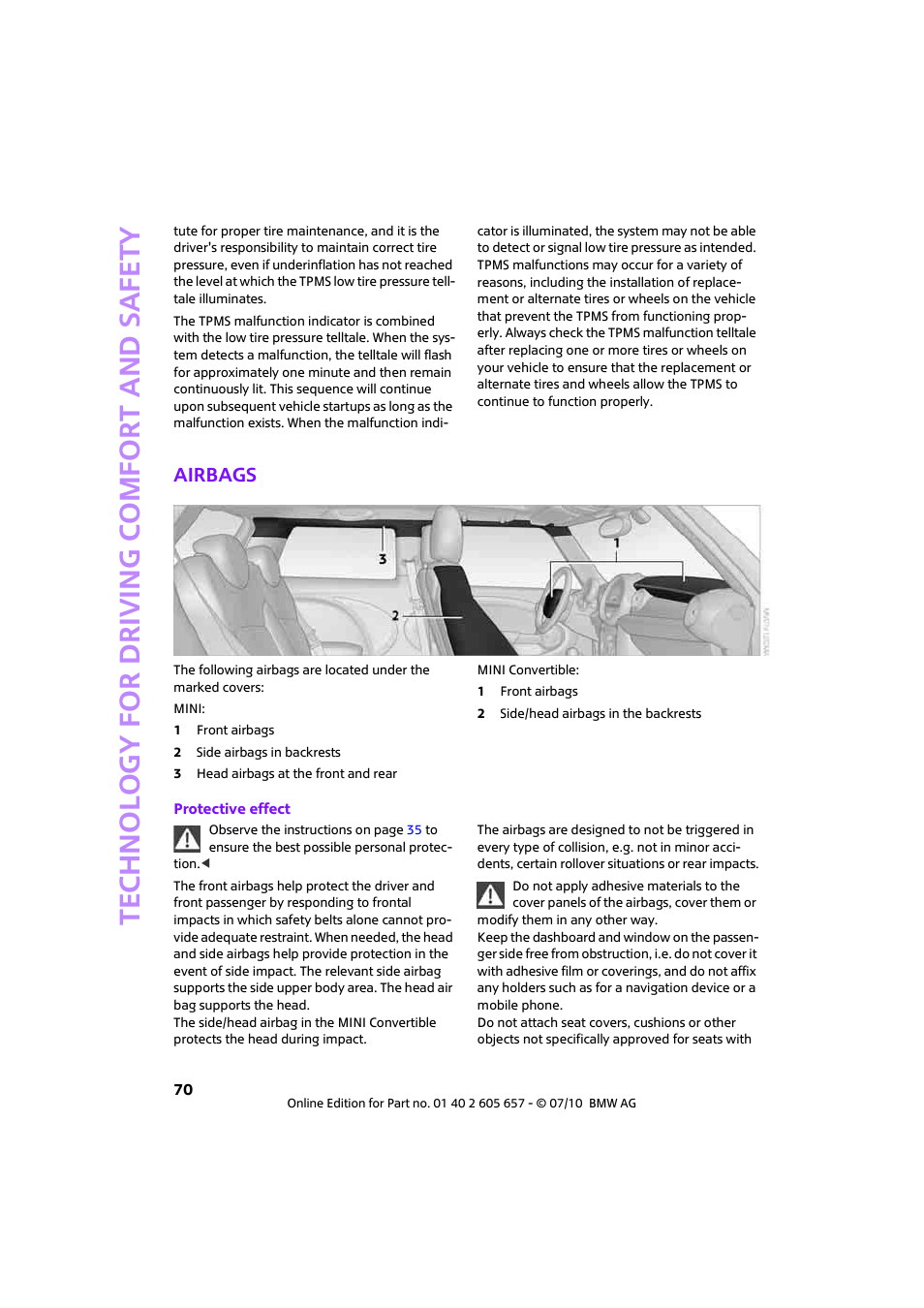 Airbags | Mini 2011 Cooper Convertible User Manual | Page 72 / 186