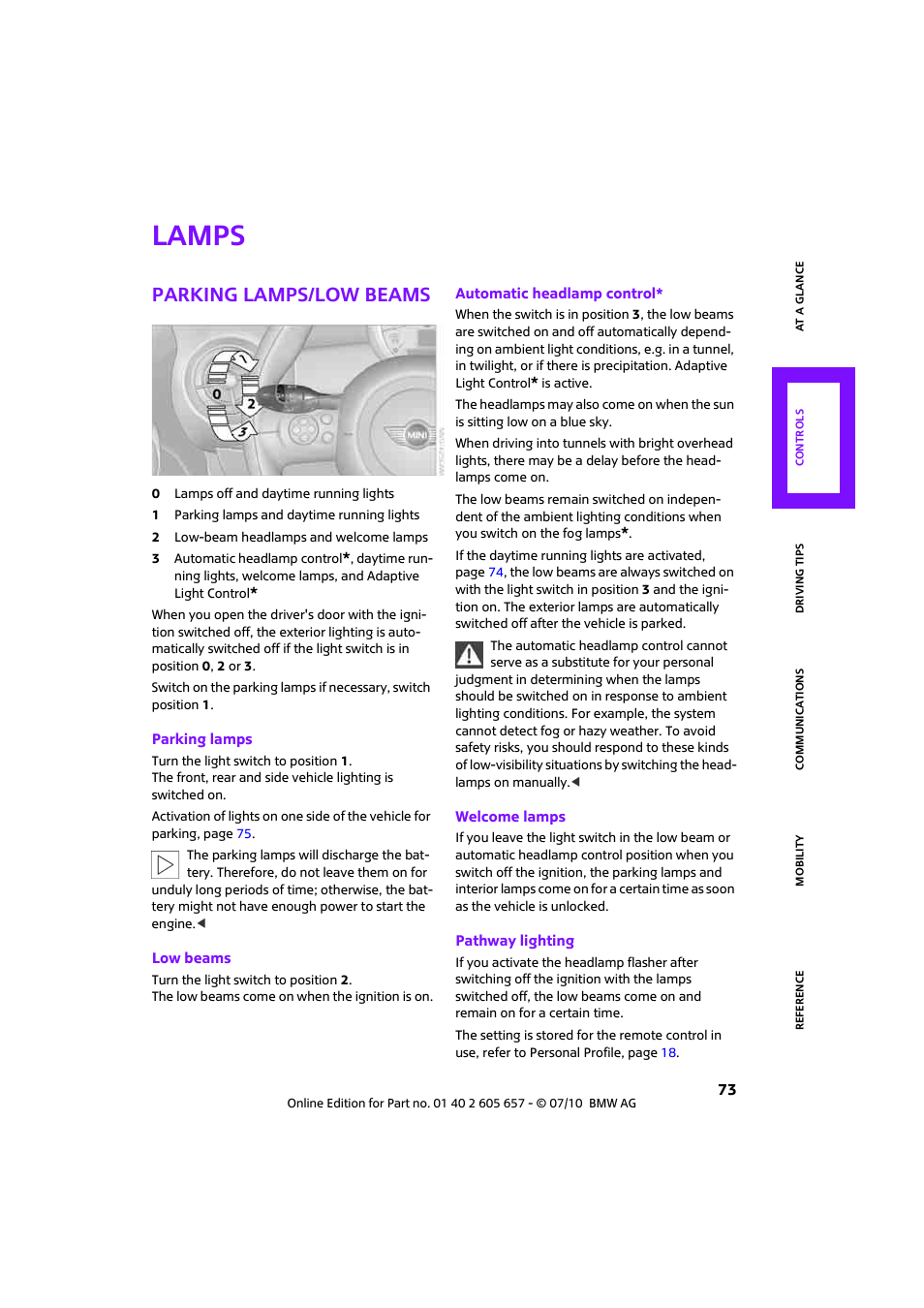 Lamps, Parking lamps/low beams | Mini 2011 Cooper Convertible User Manual | Page 75 / 186