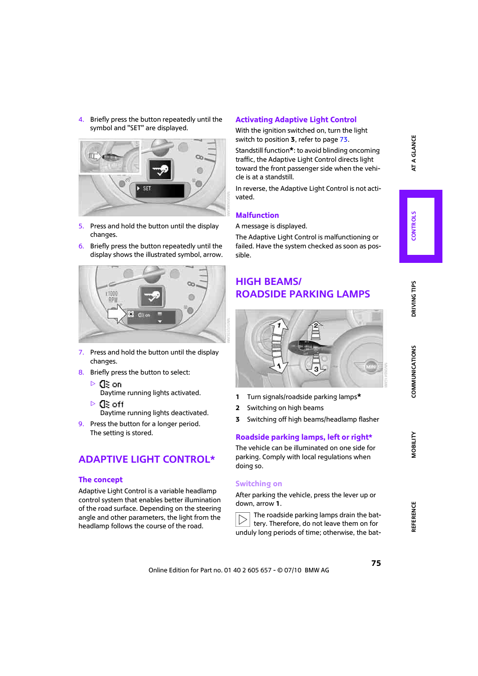 Adaptive light control, High beams/ roadside parking lamps | Mini 2011 Cooper Convertible User Manual | Page 77 / 186