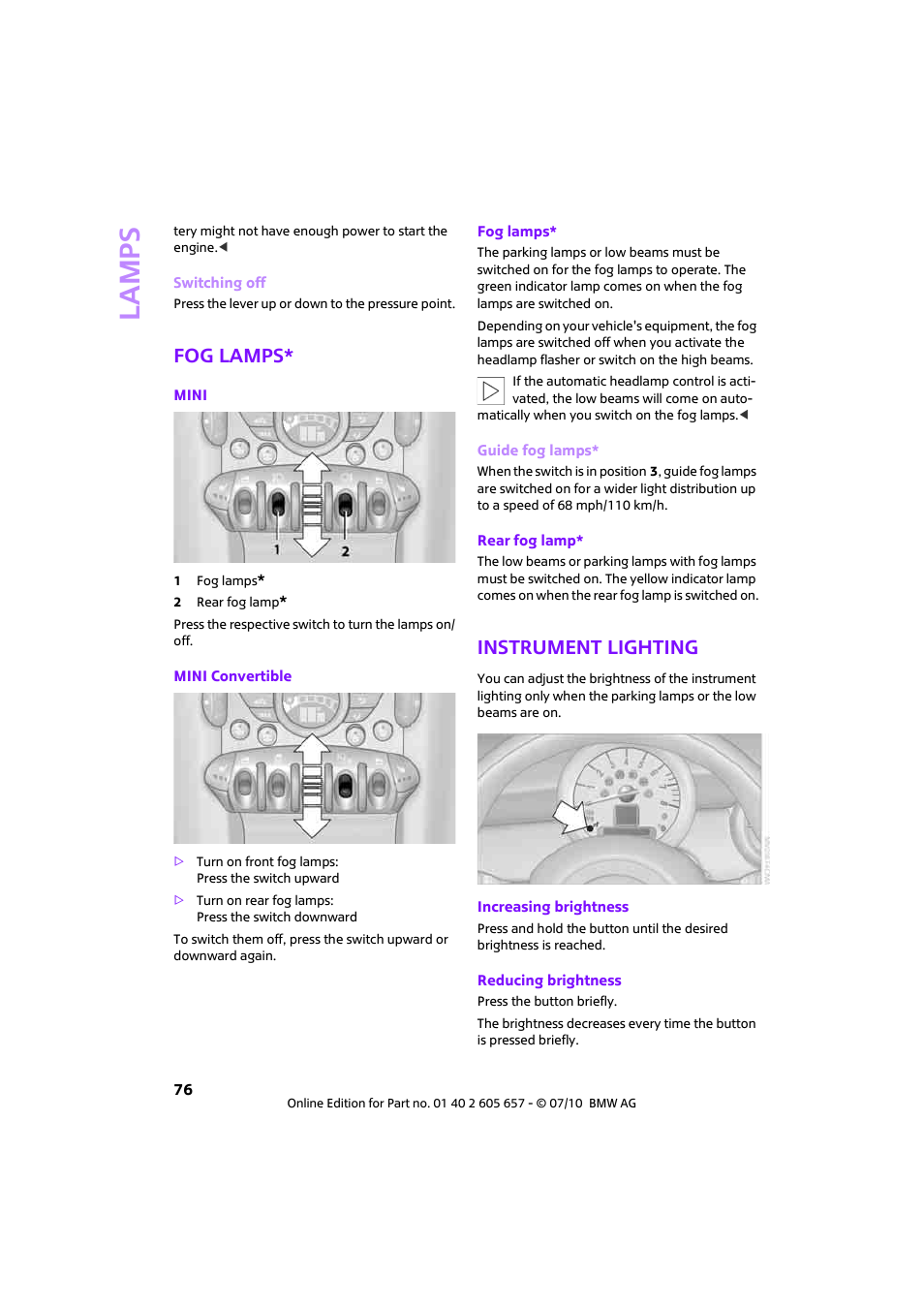 Fog lamps, Instrument lighting, Lamp s | Mini 2011 Cooper Convertible User Manual | Page 78 / 186