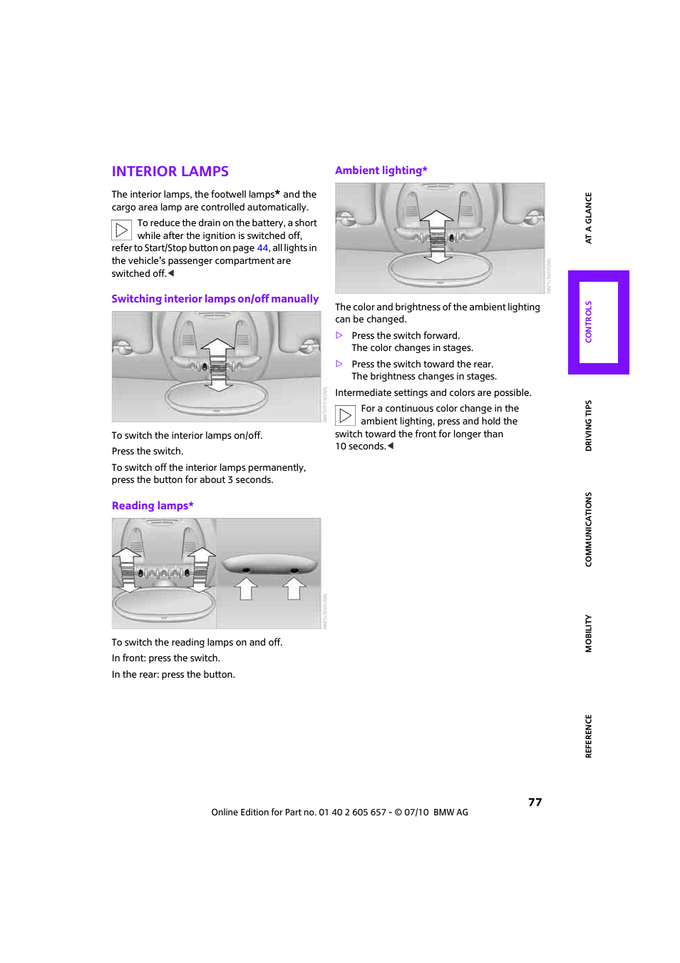 Interior lamps | Mini 2011 Cooper Convertible User Manual | Page 79 / 186