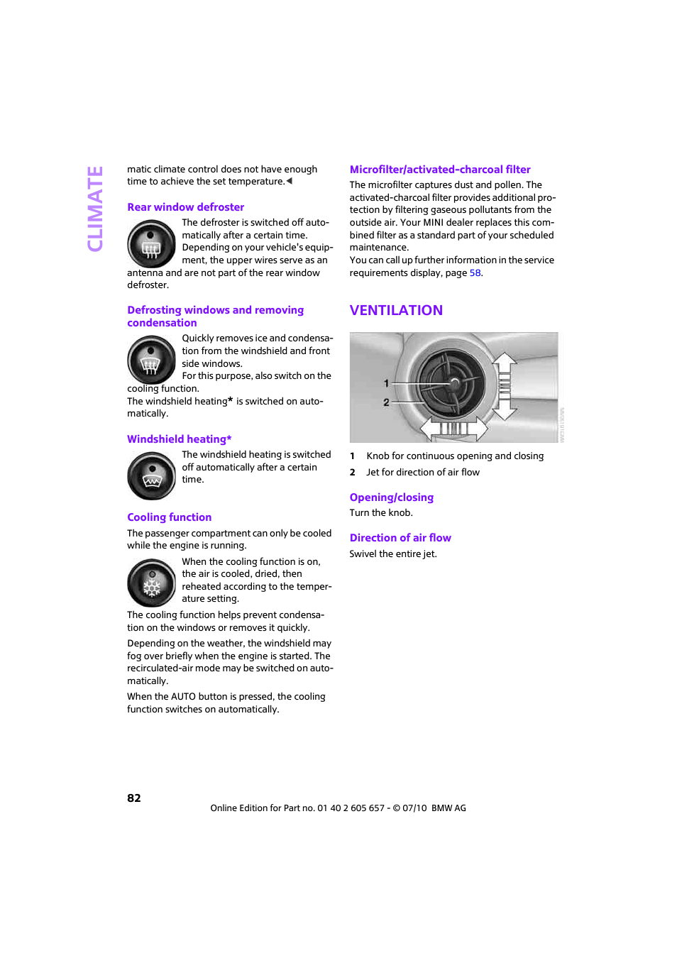 Ventilation, Climat e | Mini 2011 Cooper Convertible User Manual | Page 84 / 186