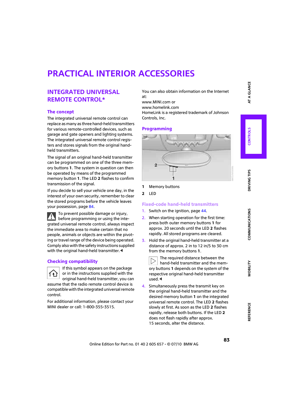 Practical interior accessories, Integrated universal remote control | Mini 2011 Cooper Convertible User Manual | Page 85 / 186