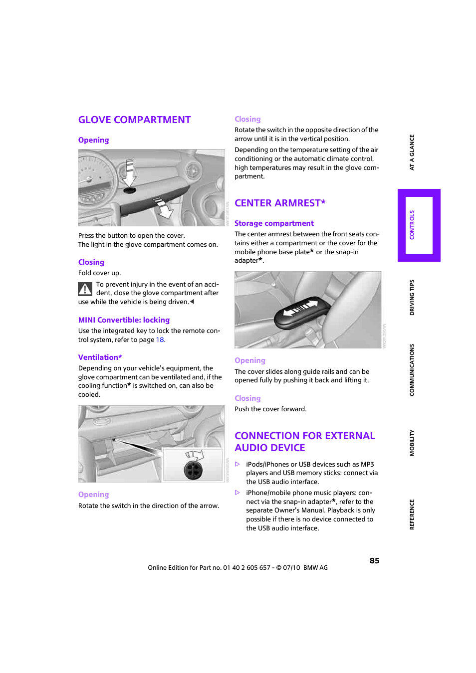 Glove compartment, Center armrest, Connection for external audio device | Mini 2011 Cooper Convertible User Manual | Page 87 / 186