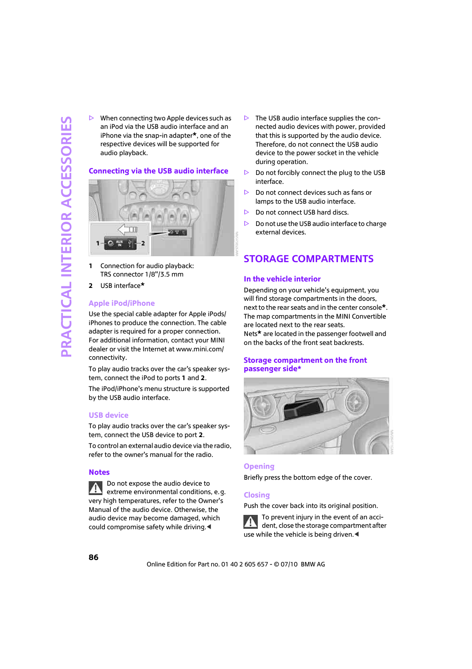 Storage compartments, Prac tic a l interio r ac cess o r ie s | Mini 2011 Cooper Convertible User Manual | Page 88 / 186