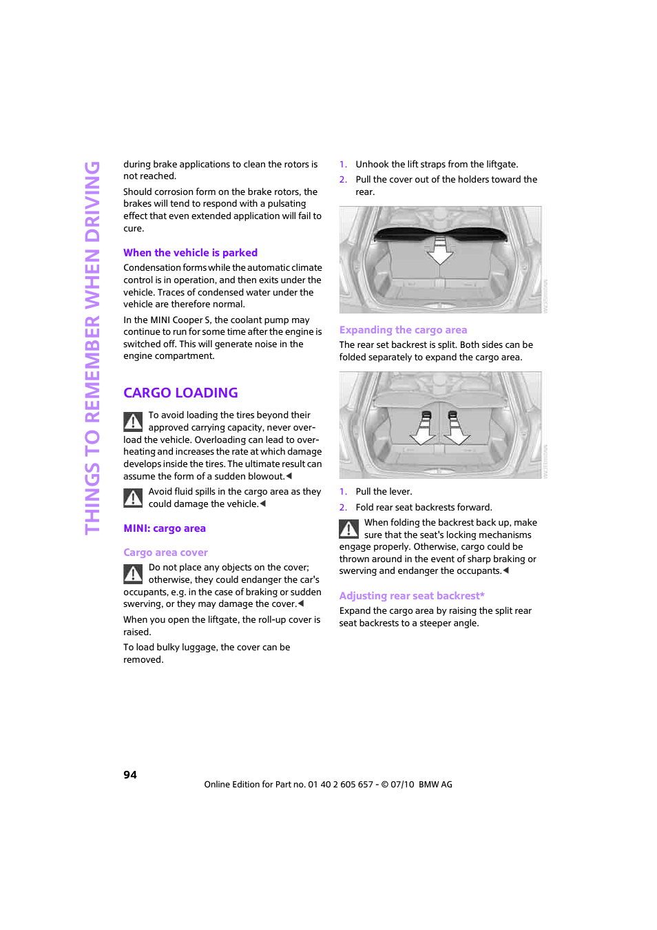 Cargo loading, Things to remember when driving | Mini 2011 Cooper Convertible User Manual | Page 96 / 186