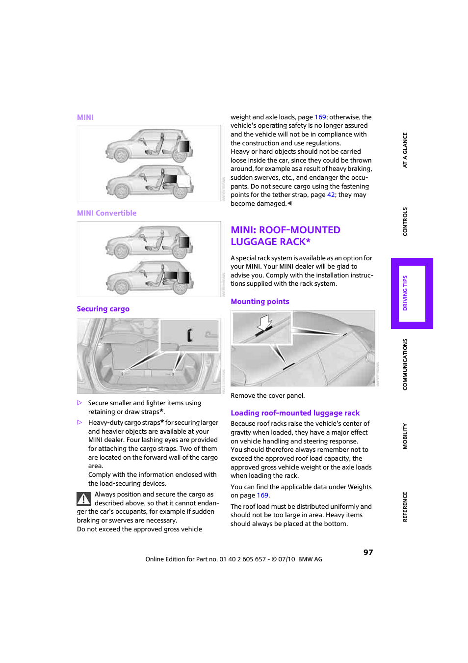 Mini: roof-mounted luggage rack | Mini 2011 Cooper Convertible User Manual | Page 99 / 186