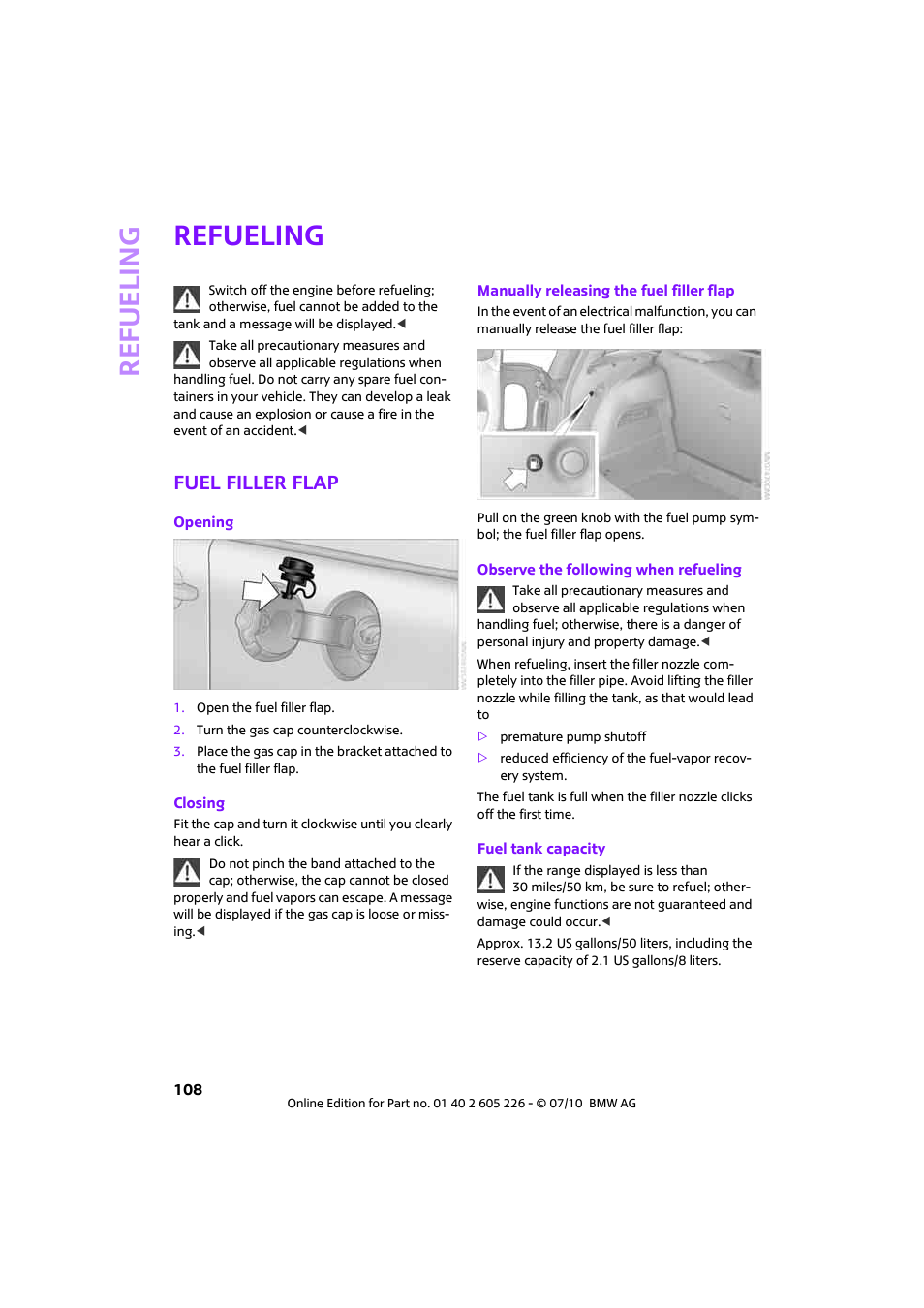 Refueling, Fuel filler flap | Mini 2011 Clubman User Manual | Page 110 / 172