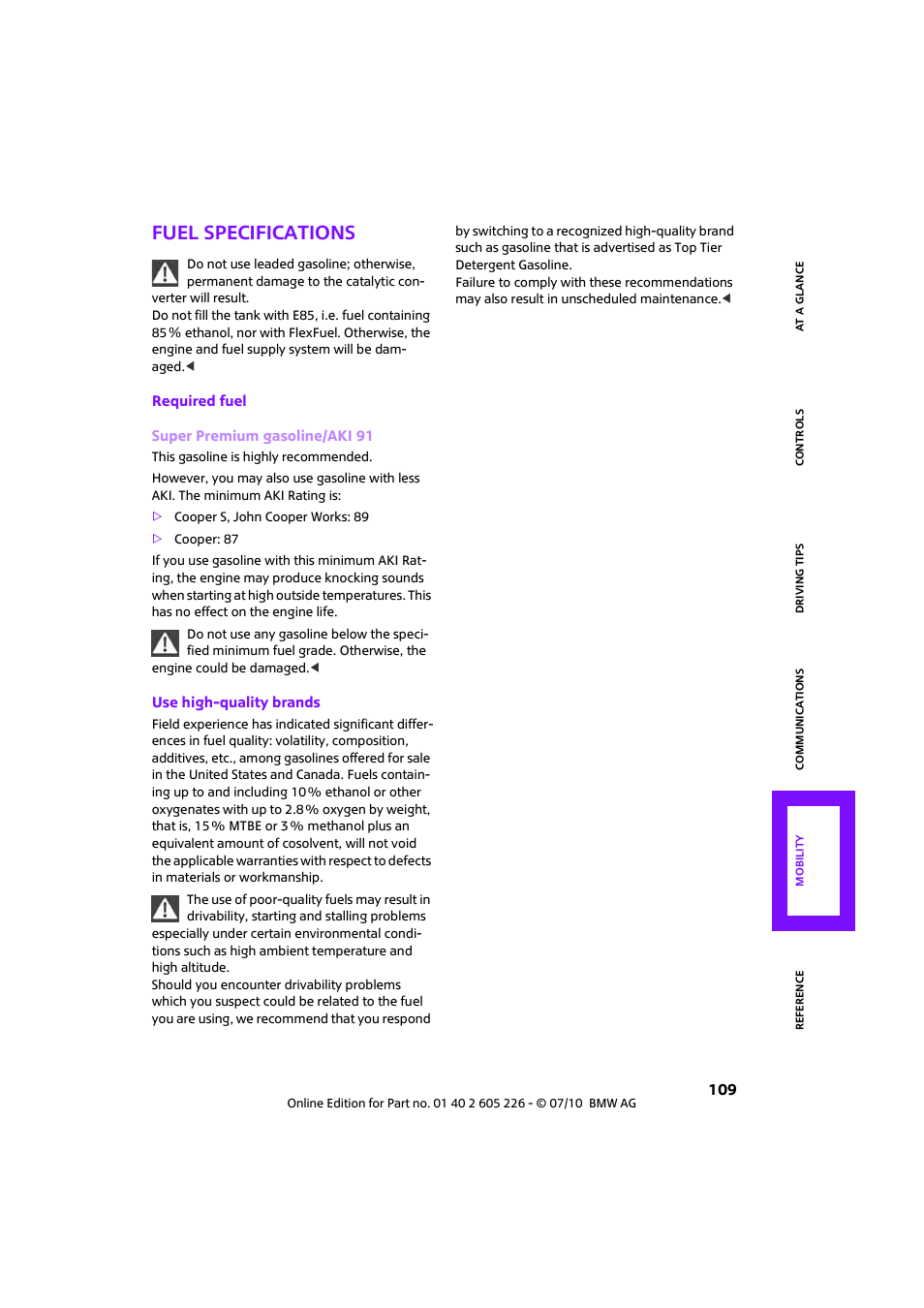 Fuel specifications | Mini 2011 Clubman User Manual | Page 111 / 172