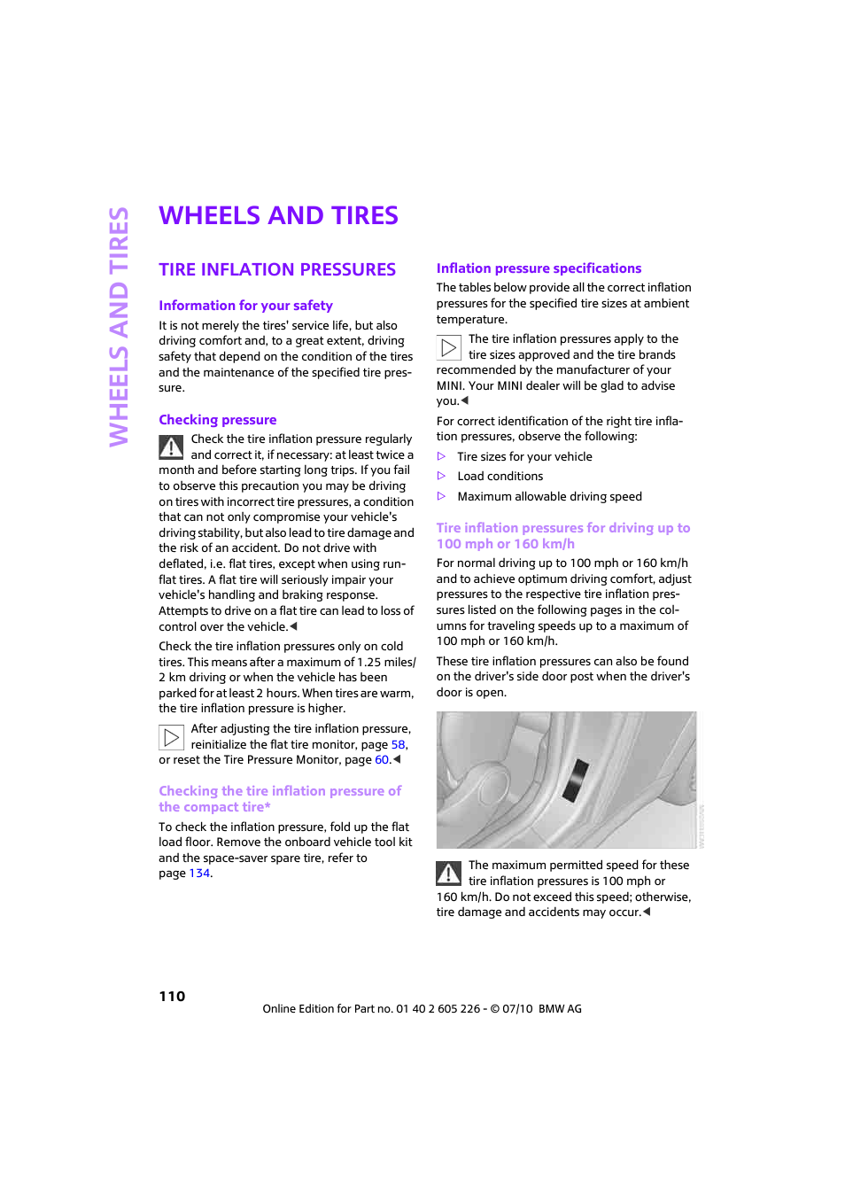 Wheels and tires, Tire inflation pressures, Whee ls and tire s | Mini 2011 Clubman User Manual | Page 112 / 172
