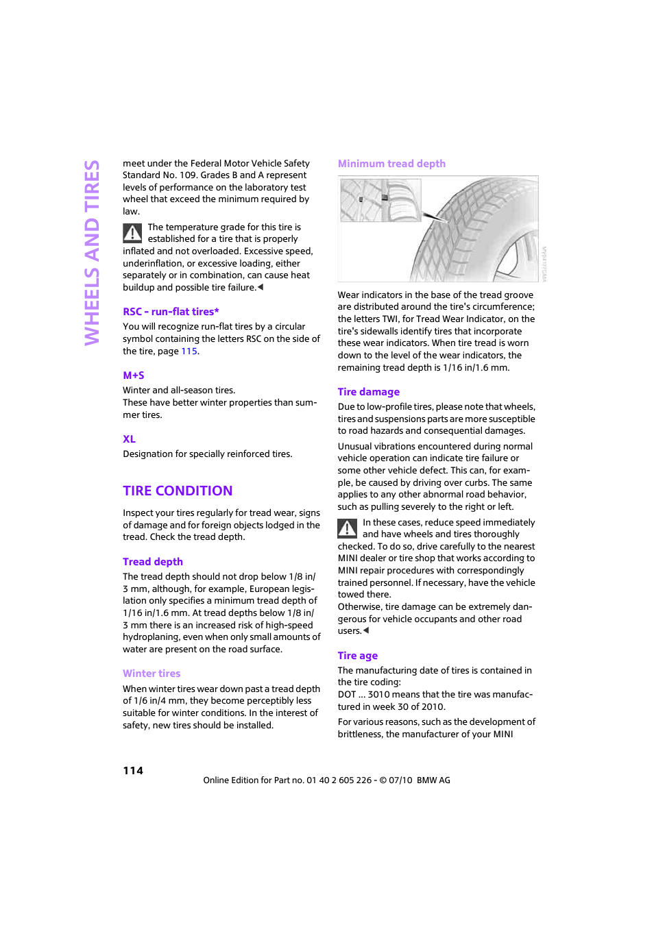 Tire condition, So to tread depth o, Whee ls and tire s | Mini 2011 Clubman User Manual | Page 116 / 172