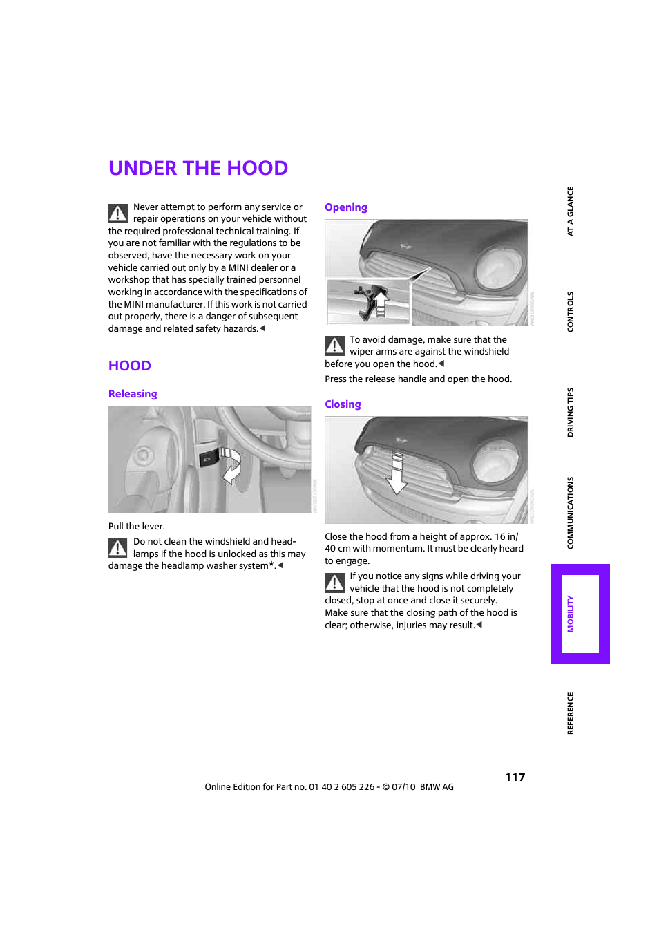 Under the hood, Hood | Mini 2011 Clubman User Manual | Page 119 / 172