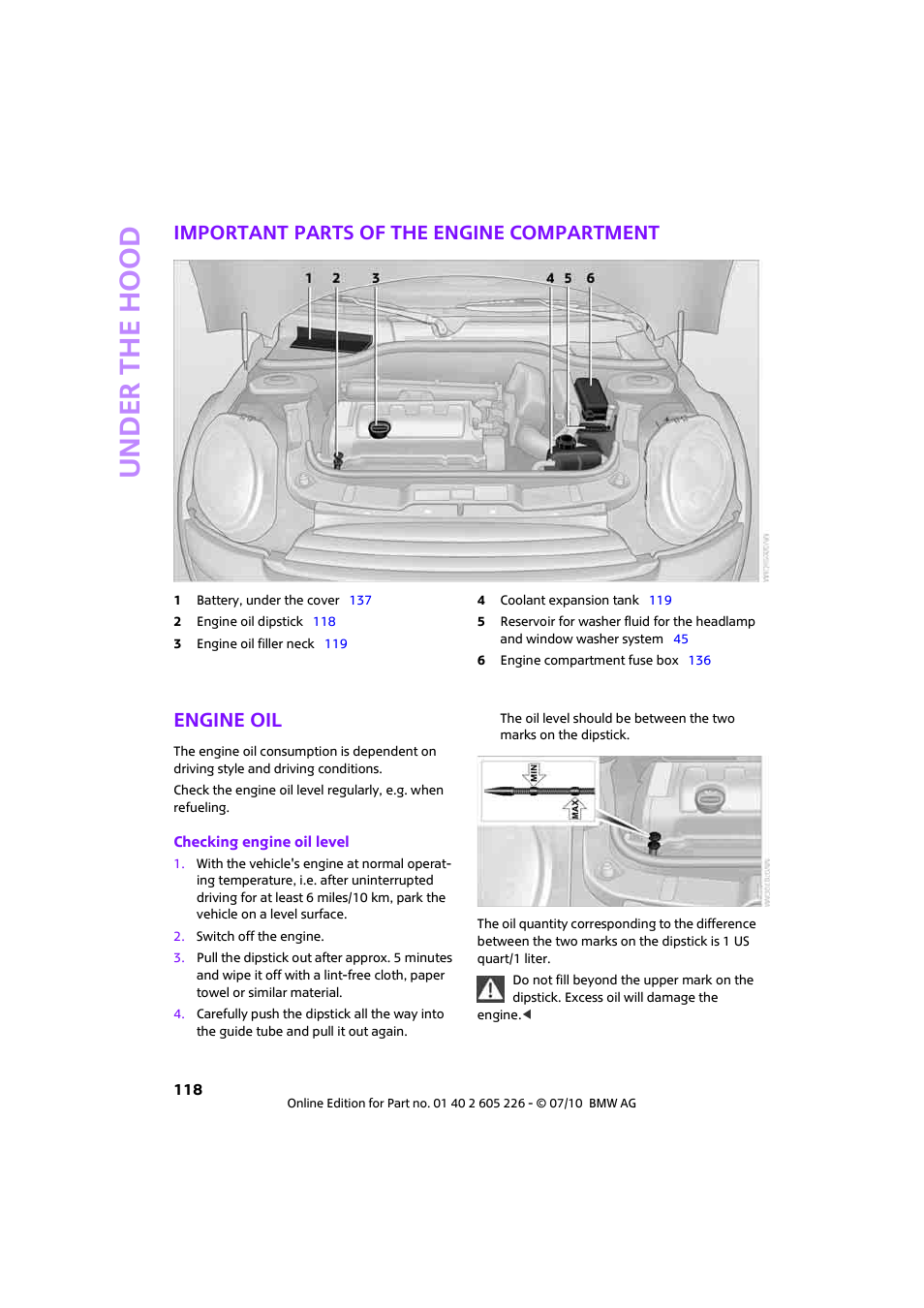 Important parts of the engine compartment, Engine oil | Mini 2011 Clubman User Manual | Page 120 / 172