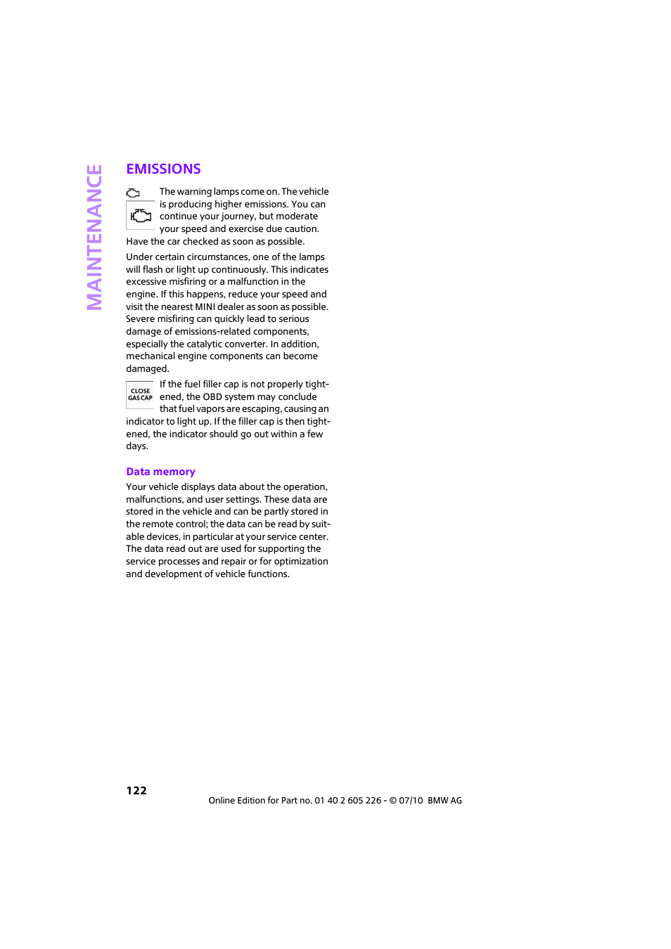 Emissions, Maintenance | Mini 2011 Clubman User Manual | Page 124 / 172