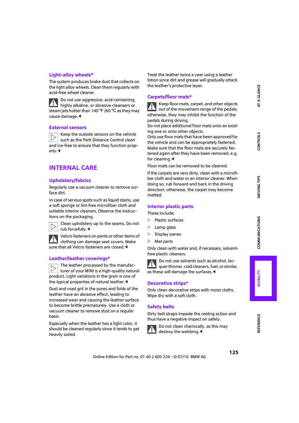 Internal care | Mini 2011 Clubman User Manual | Page 127 / 172