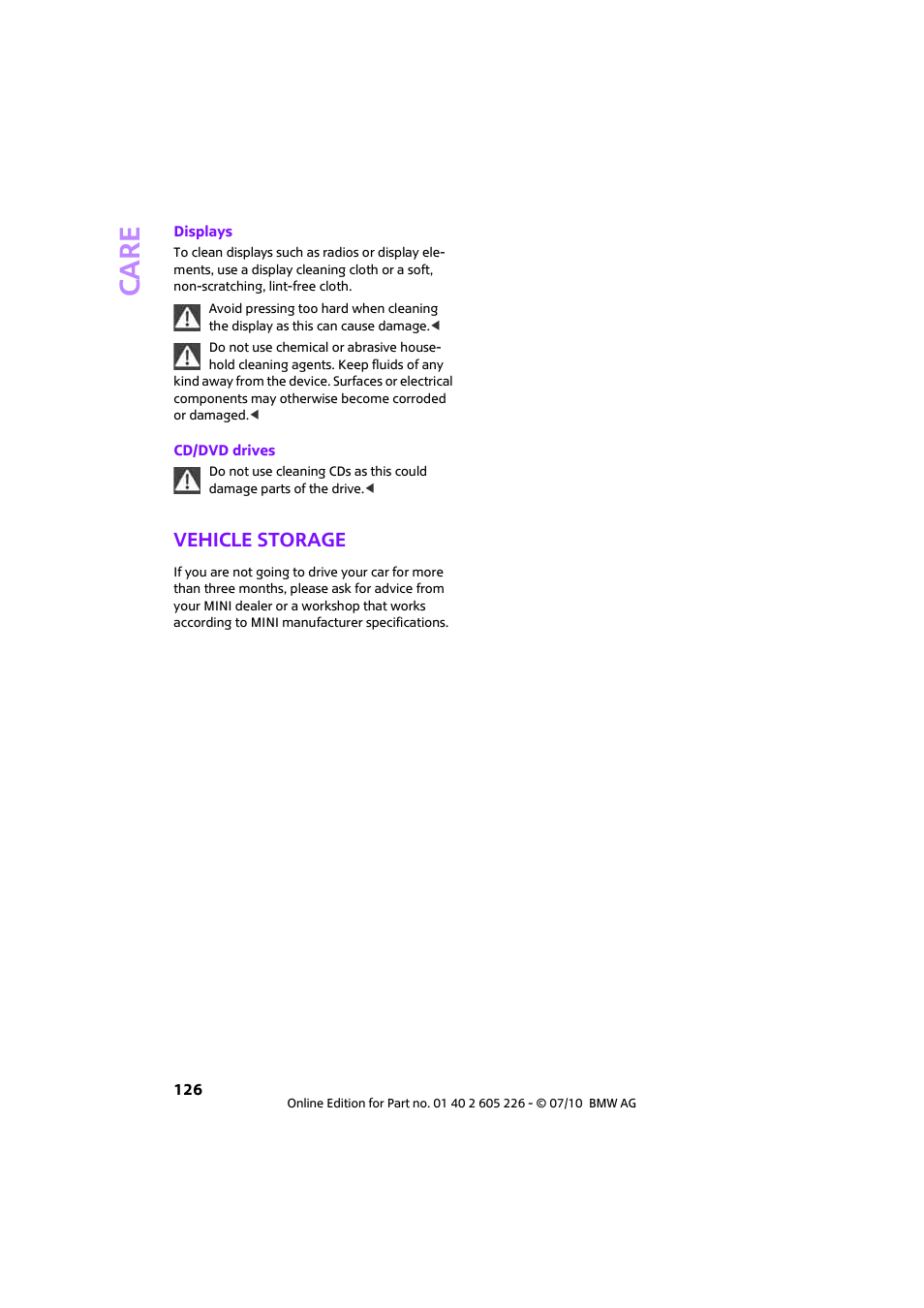 Vehicle storage, Care | Mini 2011 Clubman User Manual | Page 128 / 172