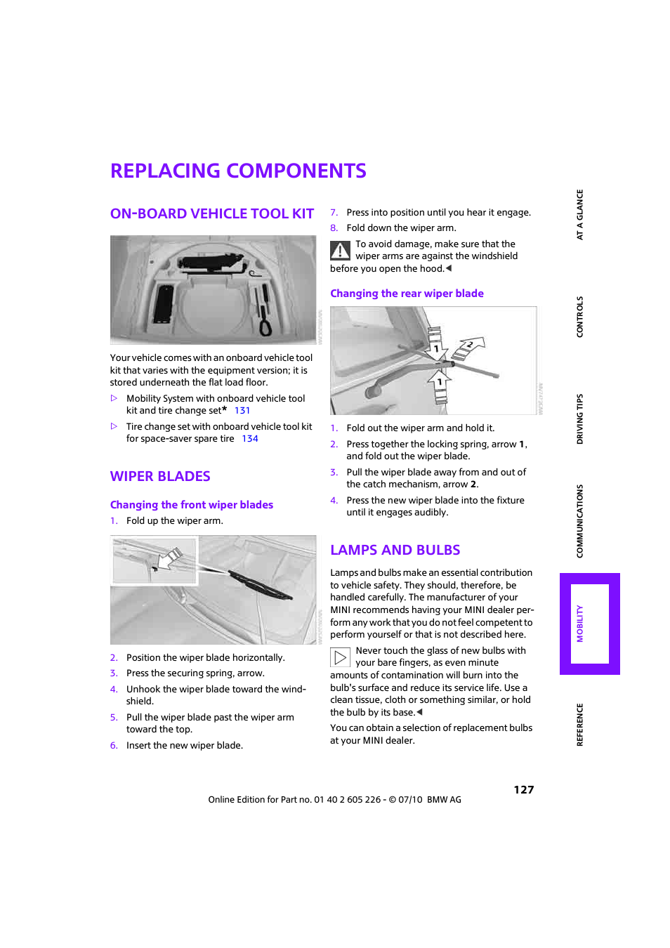 Replacing components, On-board vehicle tool kit, Wiper blades | Lamps and bulbs | Mini 2011 Clubman User Manual | Page 129 / 172