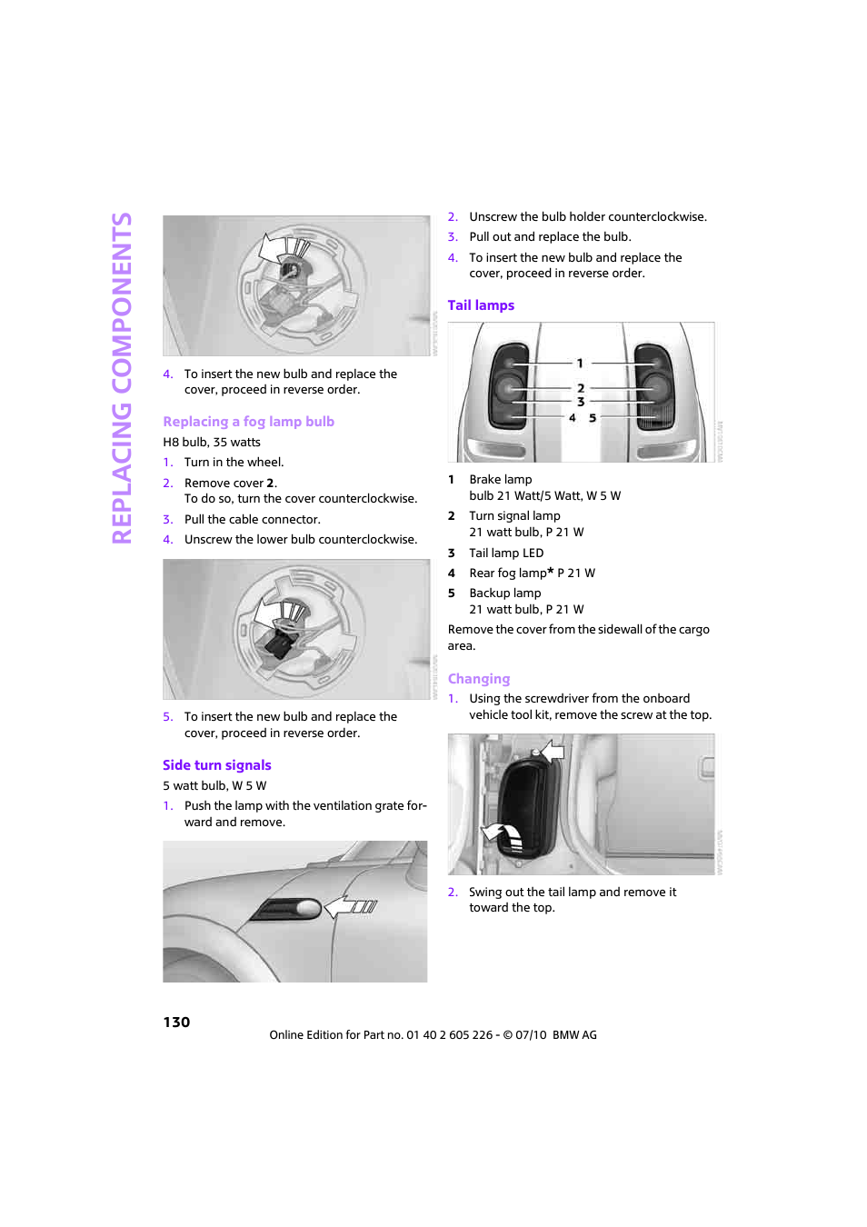 Re p la c ing co mp o n en ts | Mini 2011 Clubman User Manual | Page 132 / 172