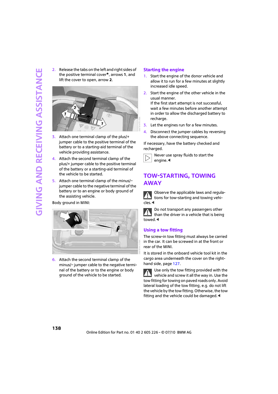 Tow-starting, towing away, Giving and receiving assi stance | Mini 2011 Clubman User Manual | Page 140 / 172