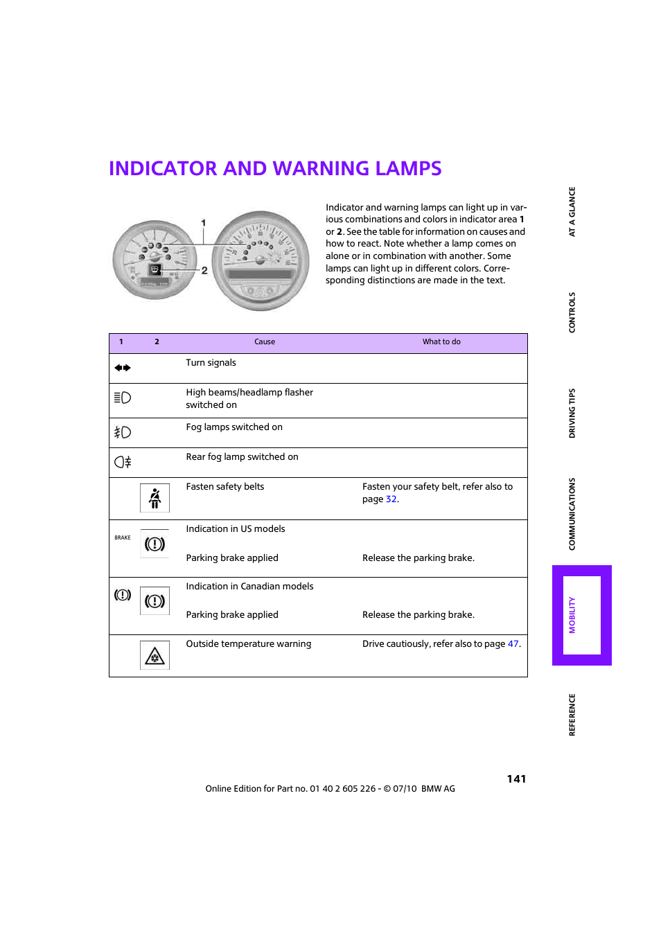 Indicator and warning lamps | Mini 2011 Clubman User Manual | Page 143 / 172
