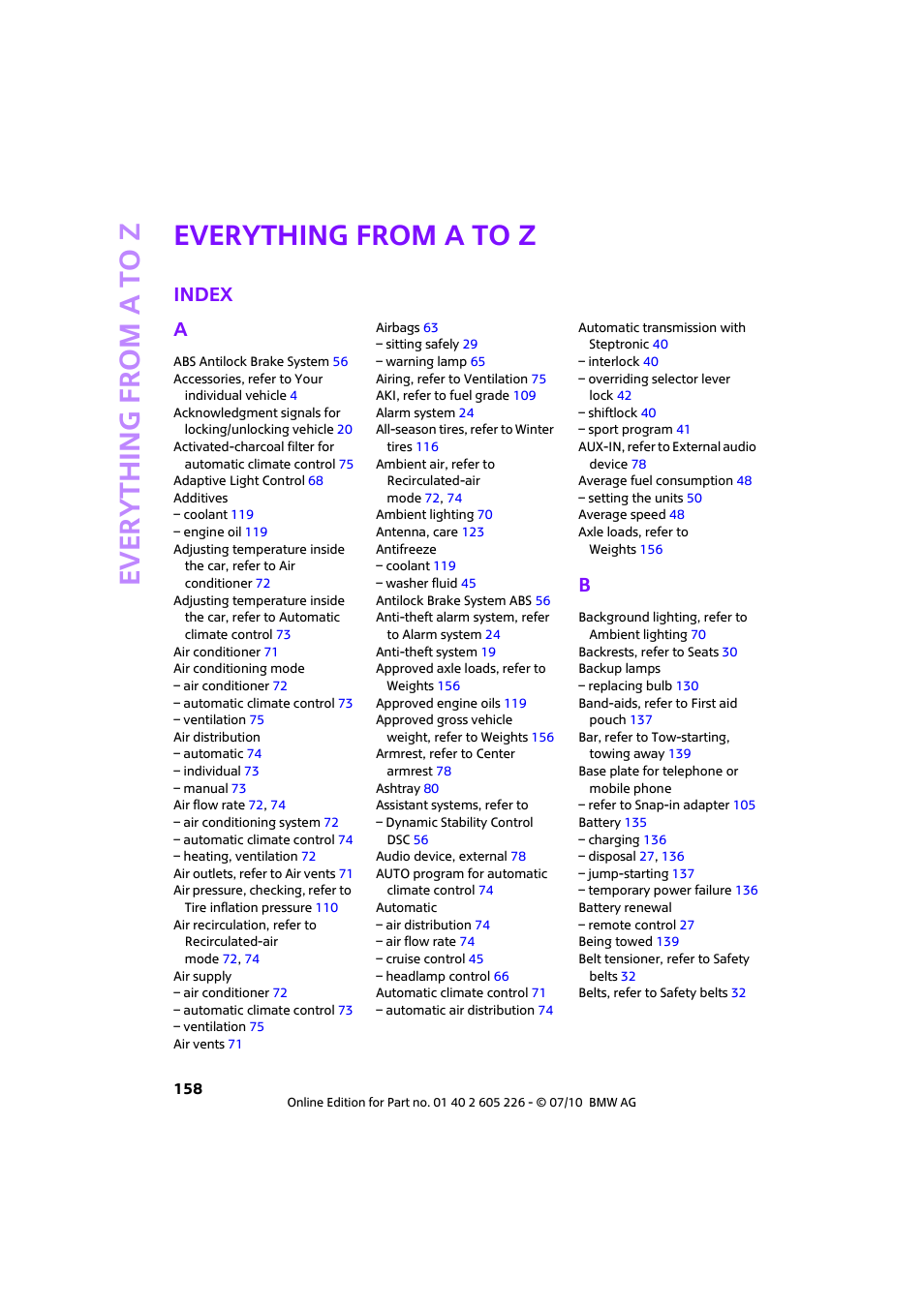 Everything from a to z, Index, Every th ing from a to z | Index a | Mini 2011 Clubman User Manual | Page 160 / 172