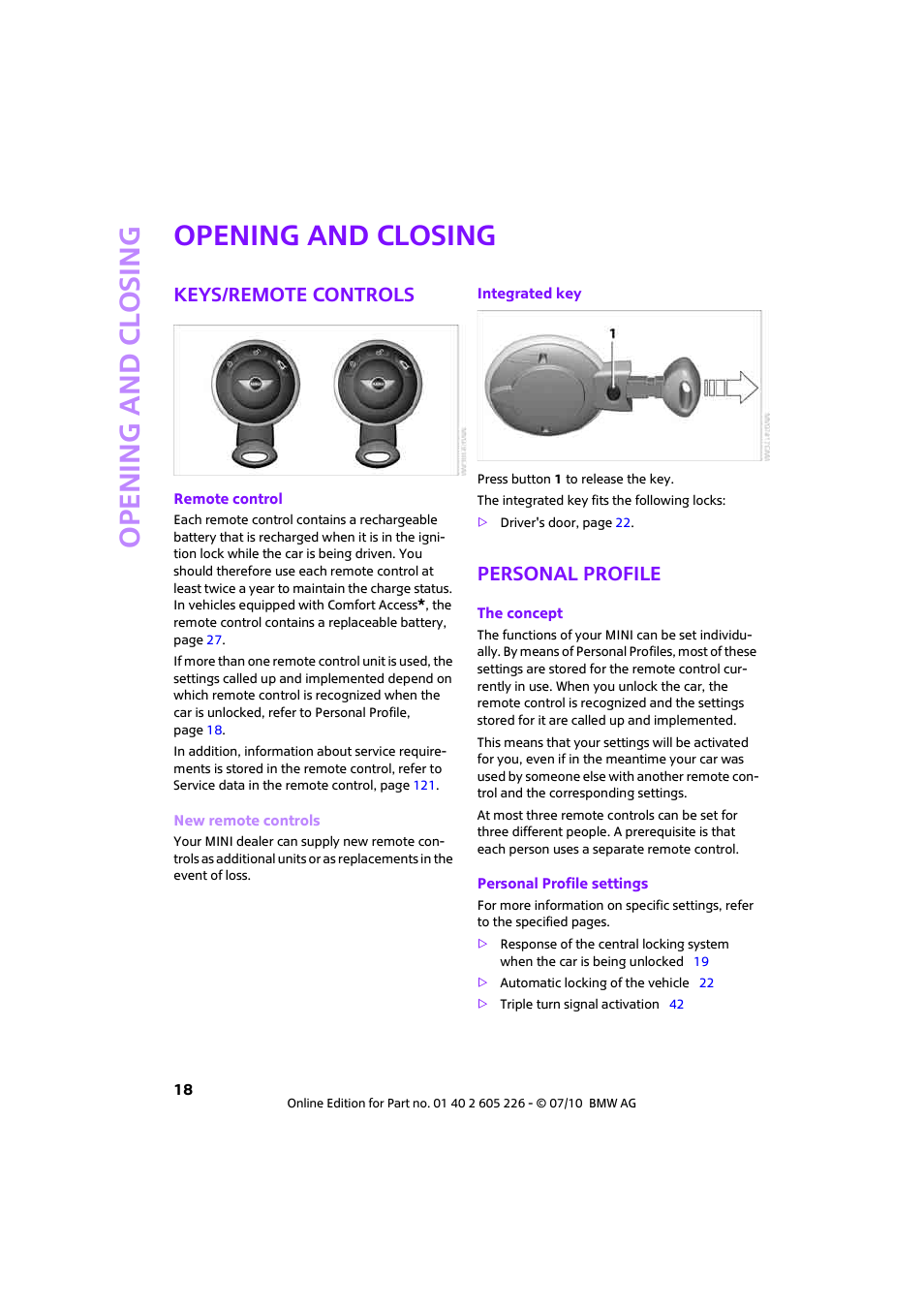 Opening and closing, Keys/remote controls, Personal profile | Ntrol, Open ing and closing | Mini 2011 Clubman User Manual | Page 20 / 172