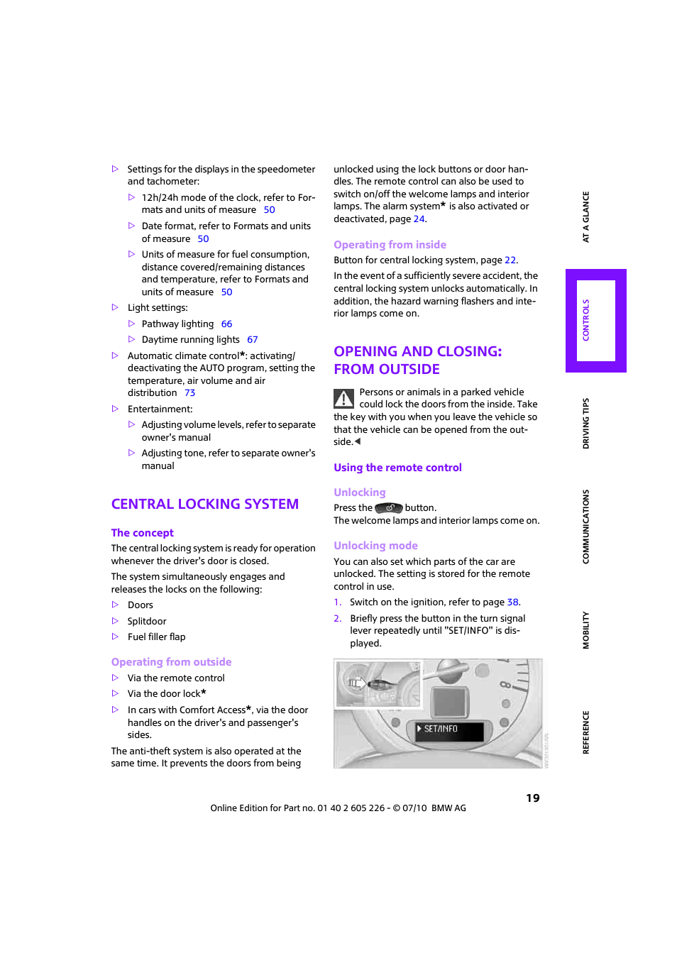 Central locking system, Opening and closing: from outside | Mini 2011 Clubman User Manual | Page 21 / 172