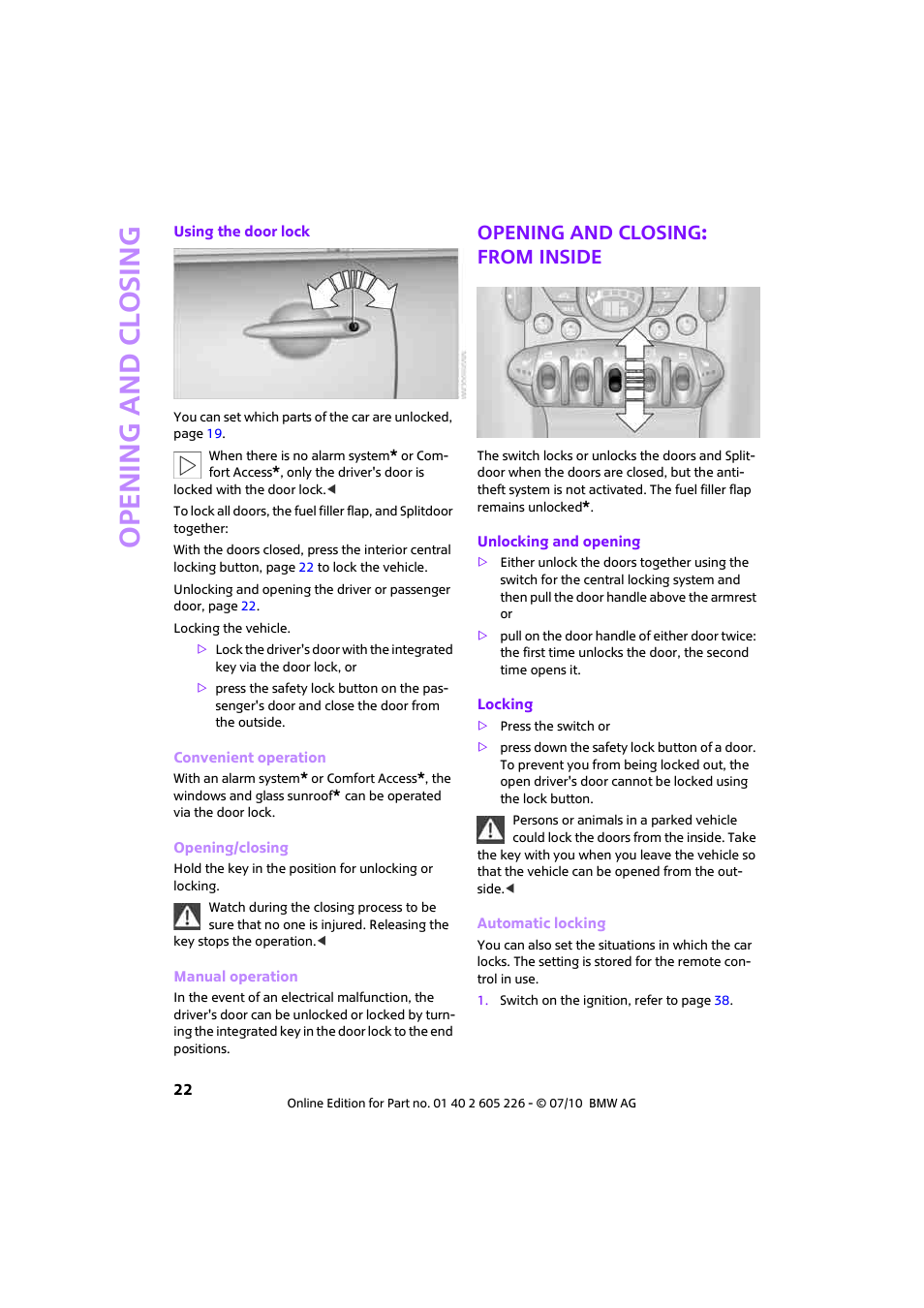 Opening and closing: from inside, Open ing and closing | Mini 2011 Clubman User Manual | Page 24 / 172