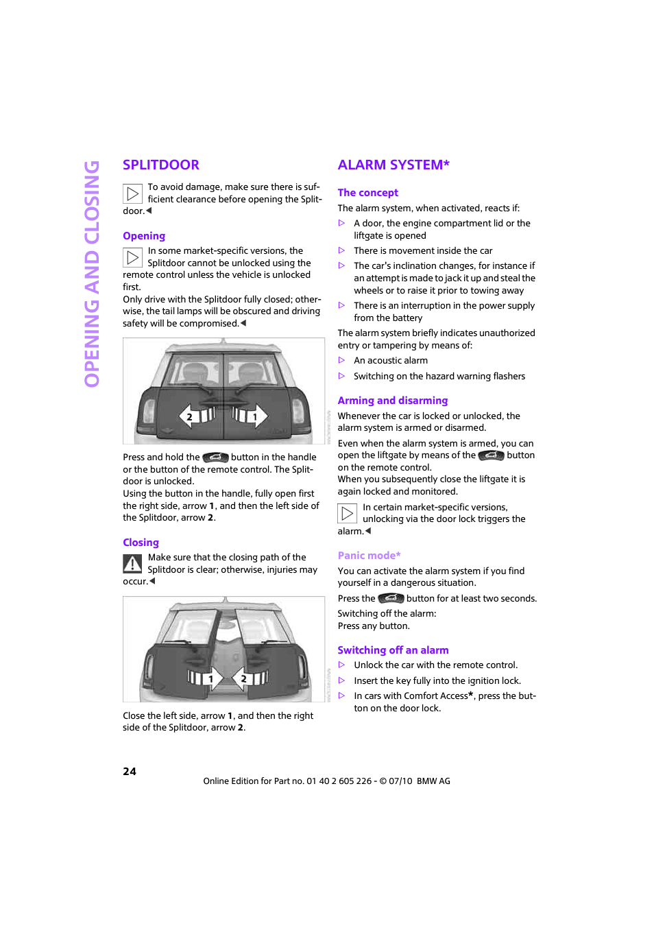 Splitdoor, Alarm system, Open ing and closing | Mini 2011 Clubman User Manual | Page 26 / 172