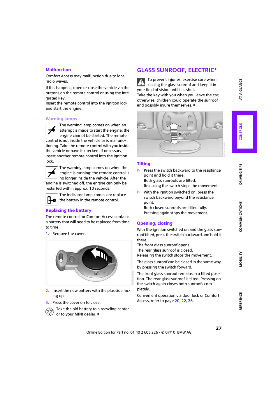 Glass sunroof, electric | Mini 2011 Clubman User Manual | Page 29 / 172
