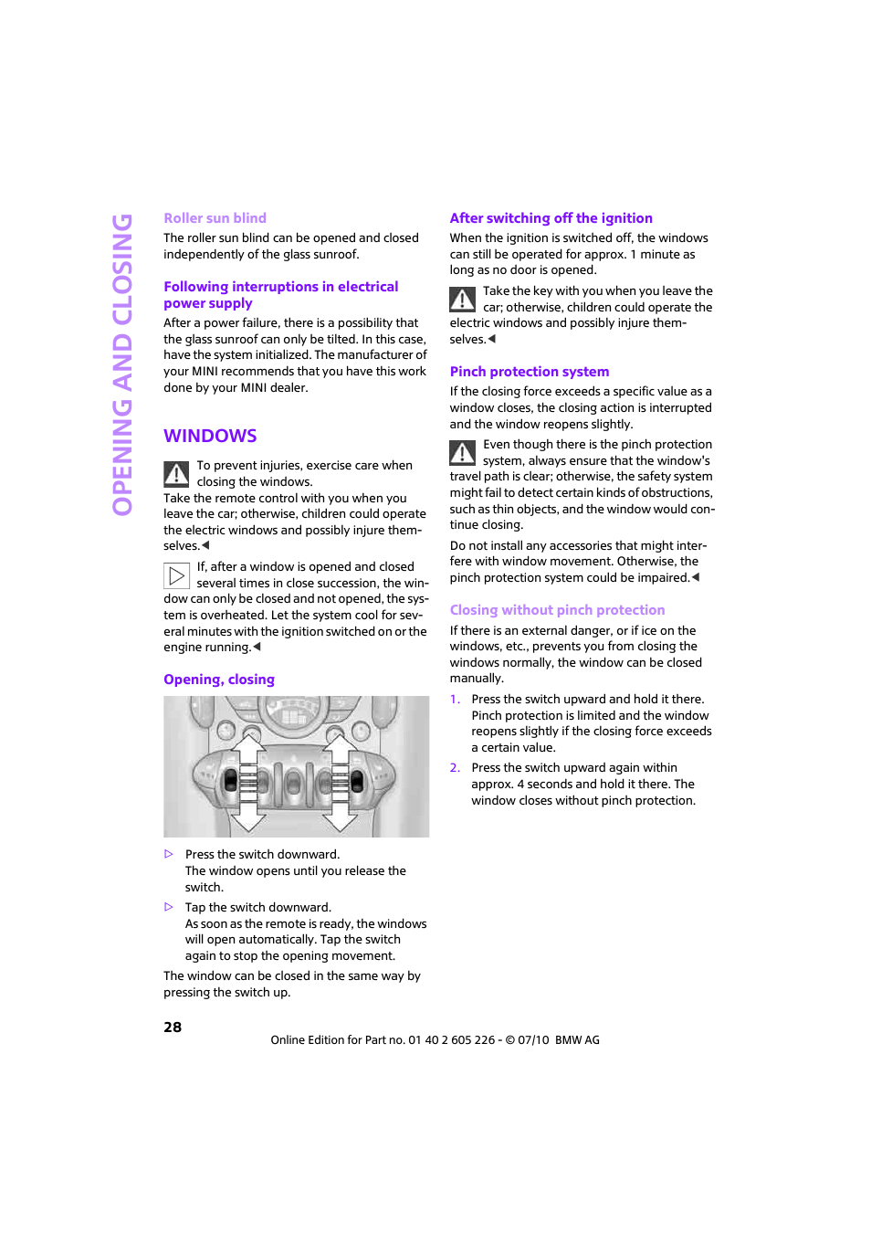 Windows, Open ing and closing | Mini 2011 Clubman User Manual | Page 30 / 172